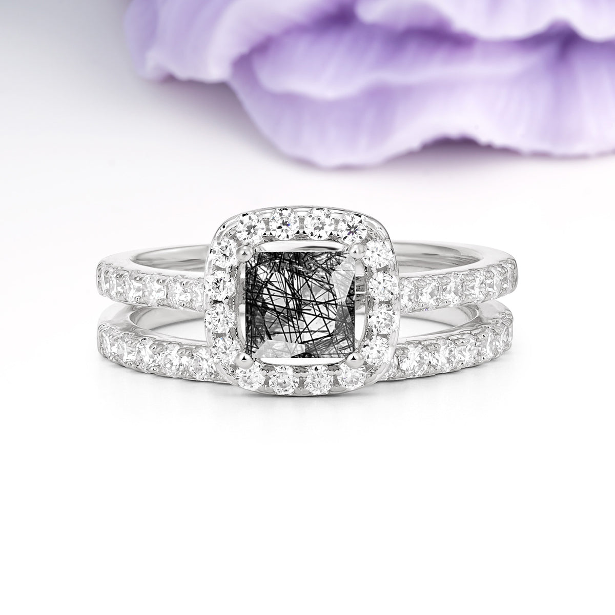 Classic Channel-Set, Luxurious 4-Prong Princess-Cut Black Rutilated Quartz Bridal Ring Set - Additional view