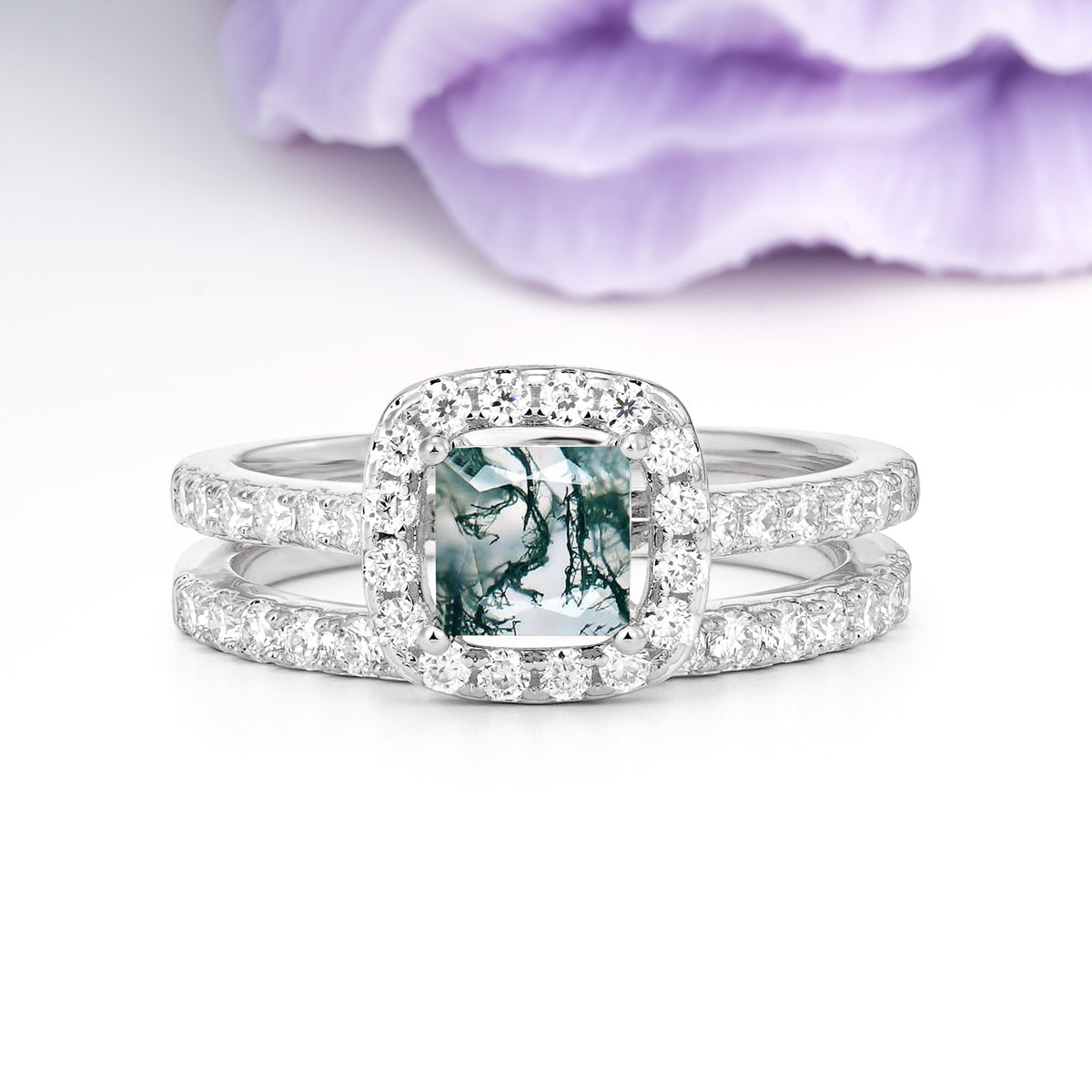 Classic Channel-Set, Luxurious 4-Prong Princess-Cut Moss Agate Bridal Ring Set - Additional view