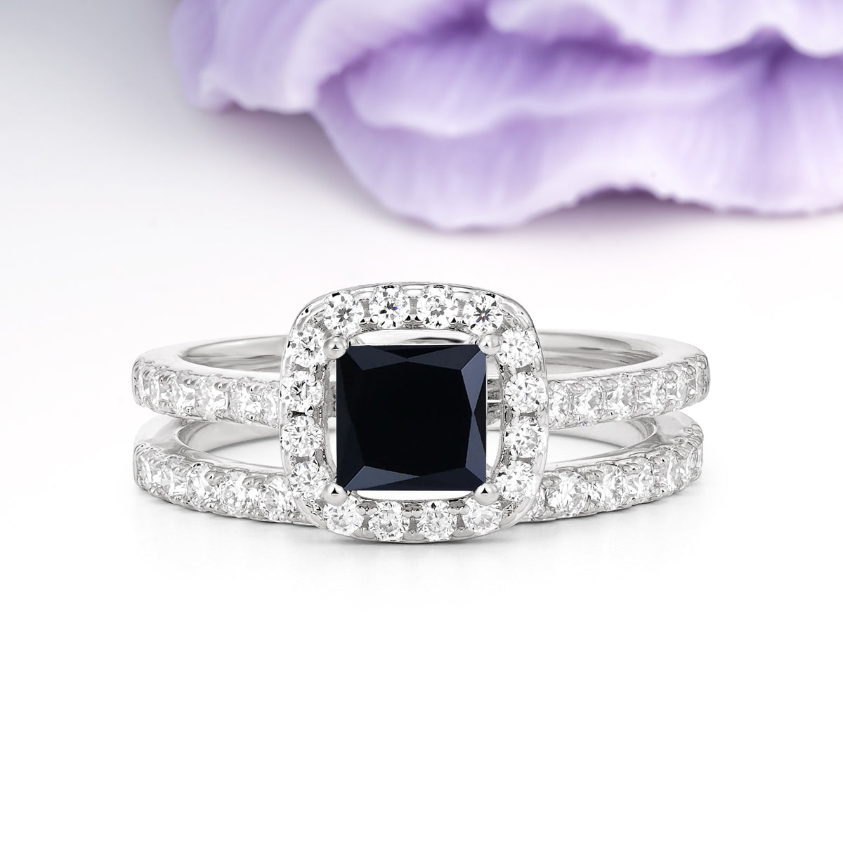 Classic Channel-Set, Luxurious 4-Prong Princess-Cut Black Onyx Bridal Ring Set - Additional view