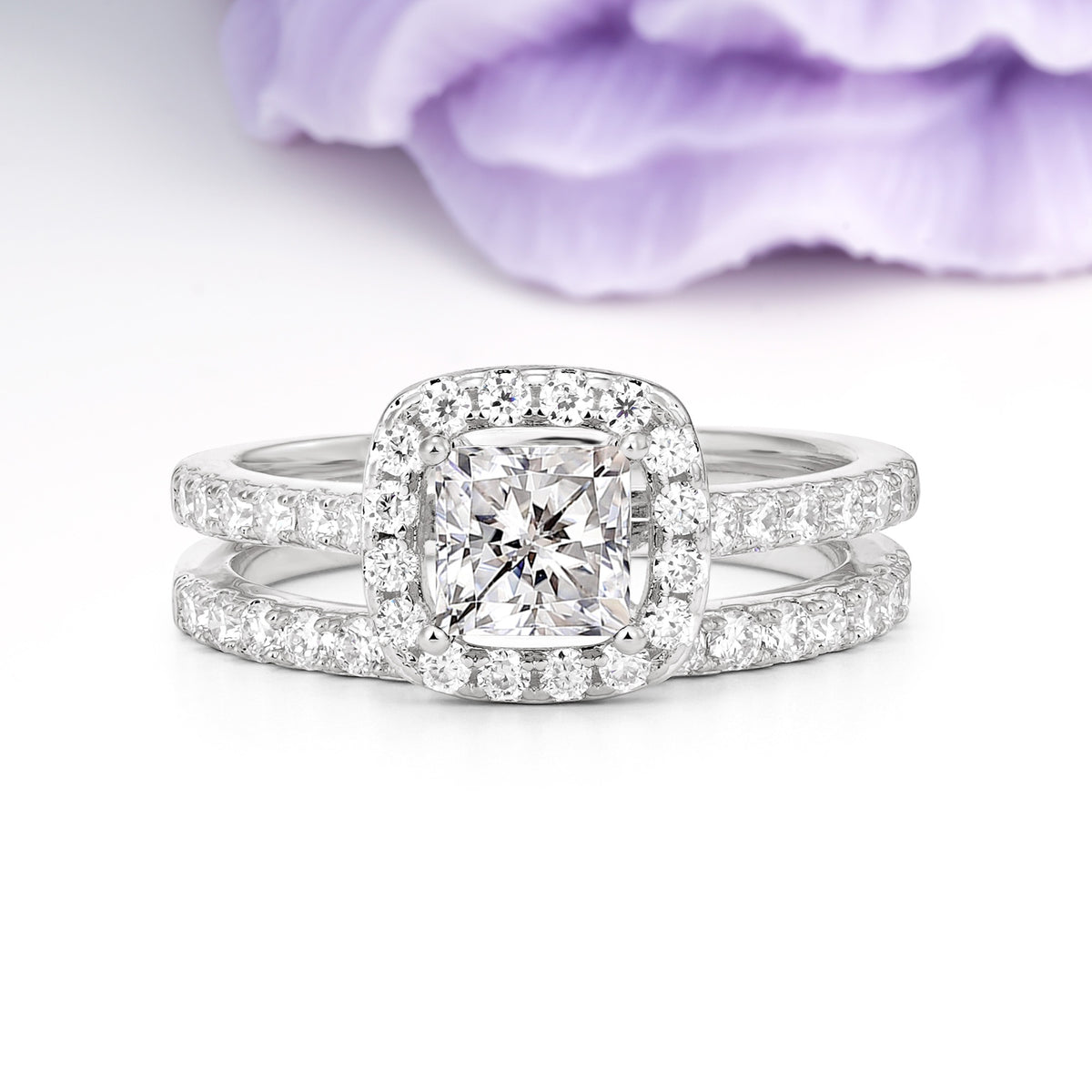 Classic Channel-Set, Luxurious 4-Prong Princess-Cut Lab Diamond Bridal Ring Set - Additional view