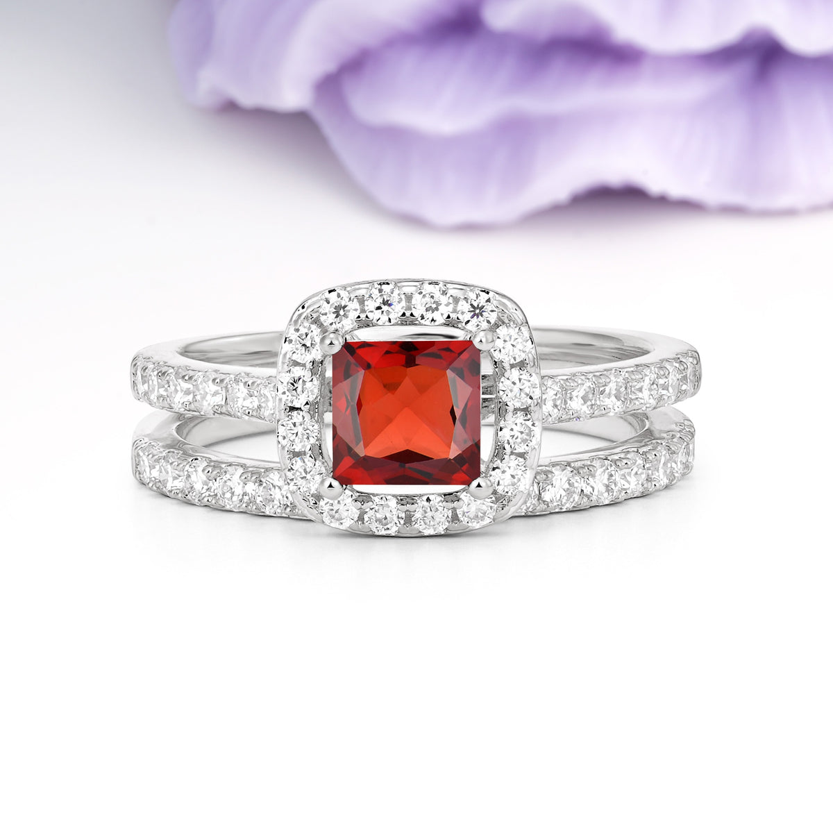Classic Channel-Set, Luxurious 4-Prong Princess-Cut Garnet Bridal Ring Set - Additional view