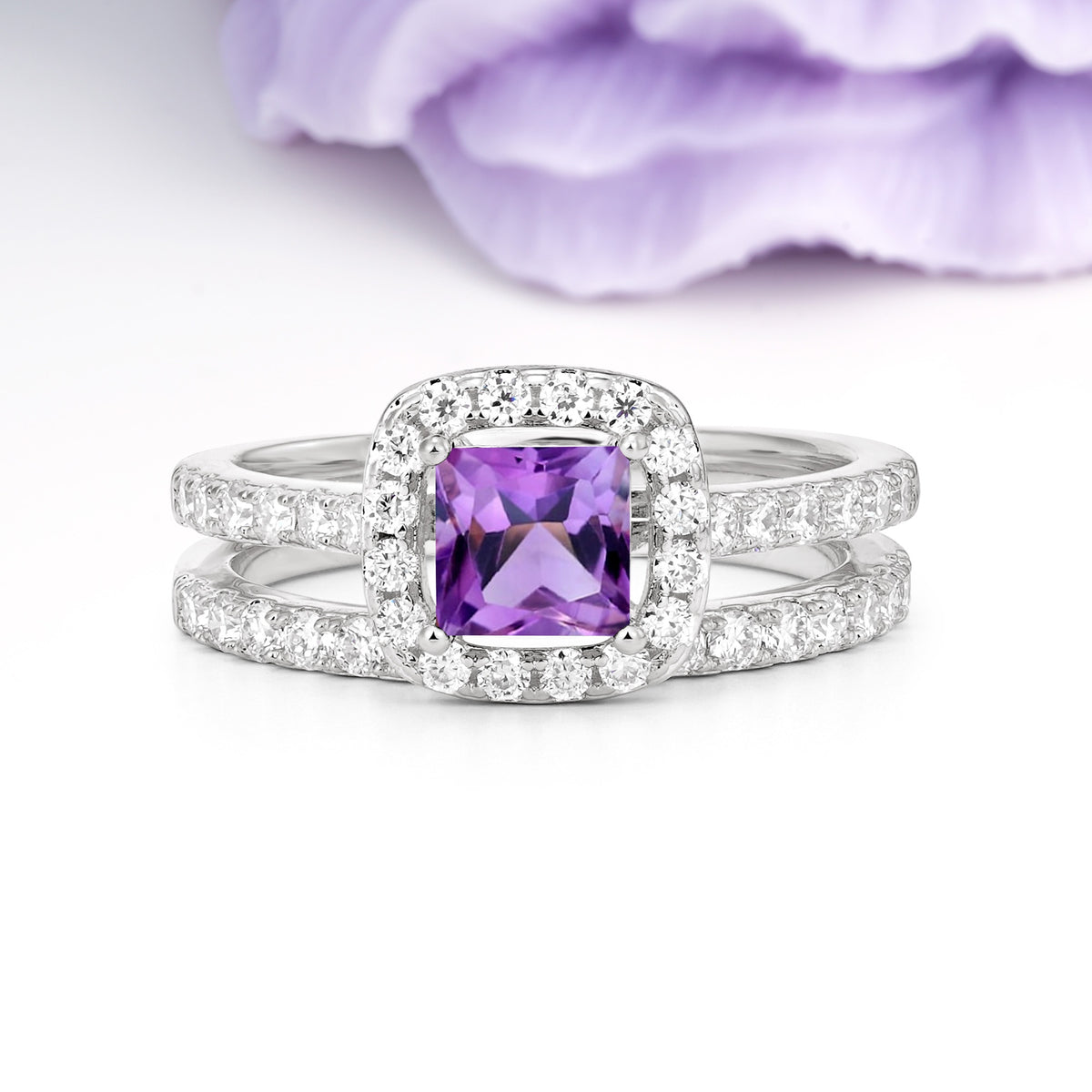 Classic Channel-Set, Luxurious 4-Prong Princess-Cut Amethyst Bridal Ring Set - Additional view