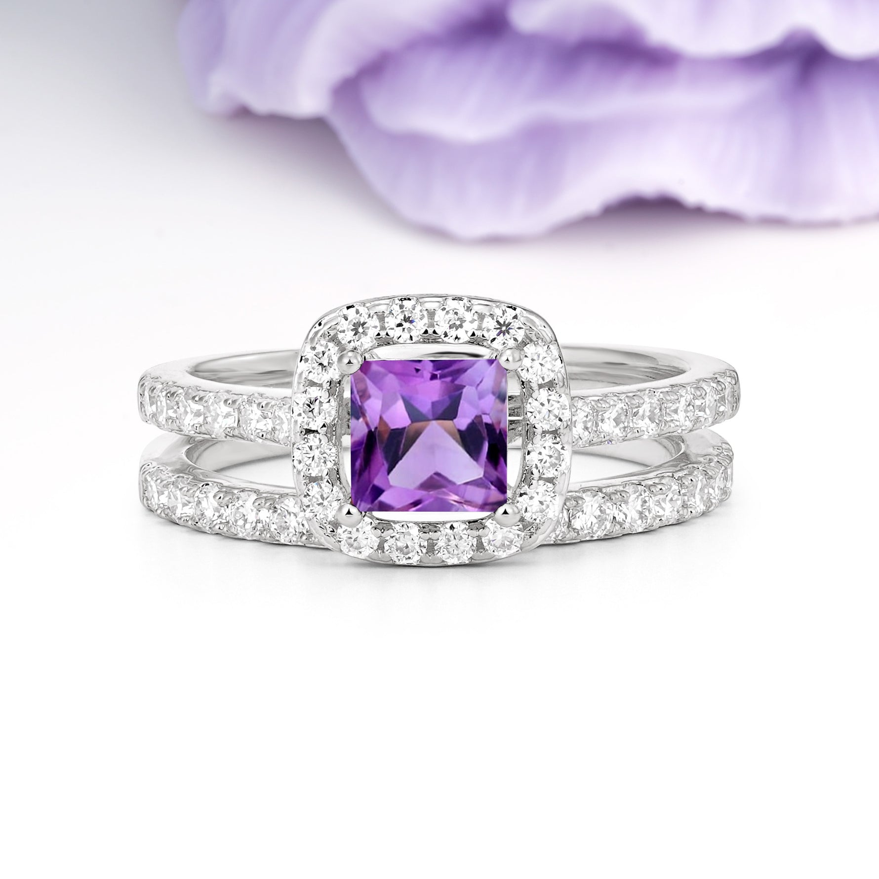 Classic Channel-Set, Luxurious 4-Prong Princess-Cut Amethyst Bridal Ring Set - Additional view