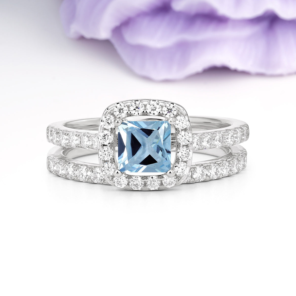 Classic Channel-Set, Luxurious 4-Prong Princess-Cut Aquamarine Bridal Ring Set - Additional view