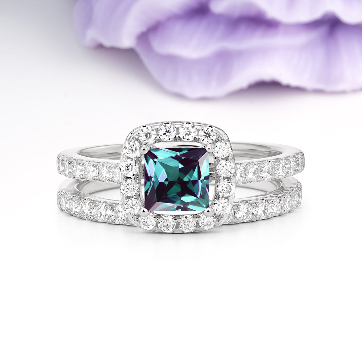Classic Channel-Set, Luxurious 4-Prong Princess-Cut Alexandrite Bridal Ring Set - Additional view