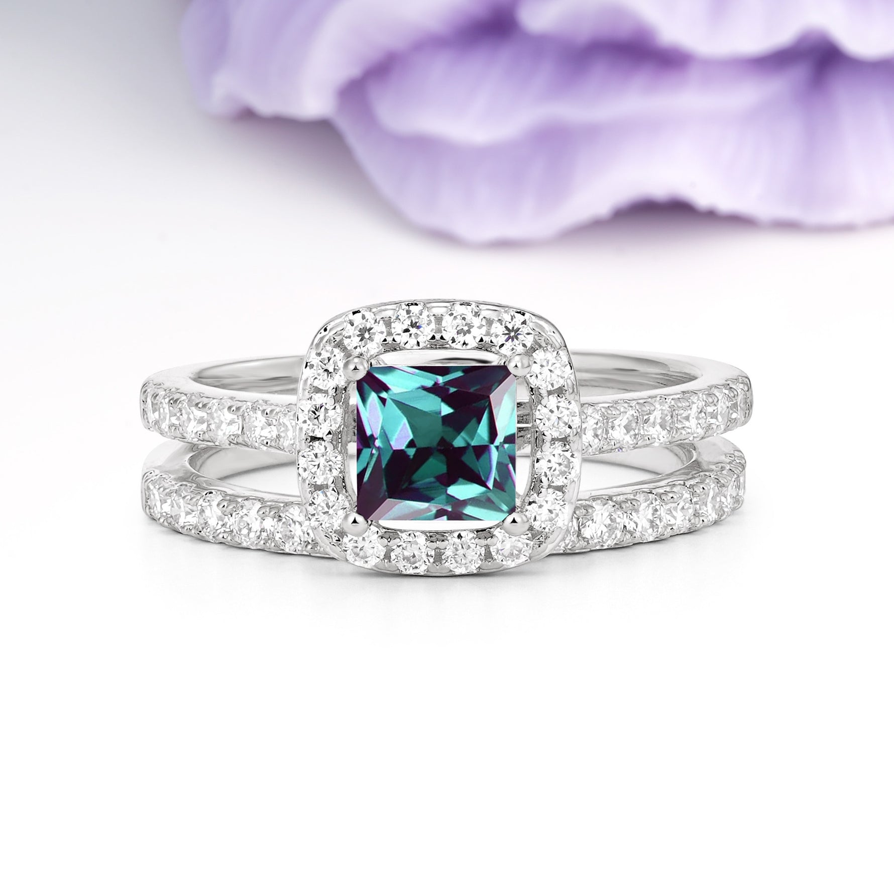 Classic Channel-Set, Luxurious 4-Prong Princess-Cut Alexandrite Bridal Ring Set - Additional view