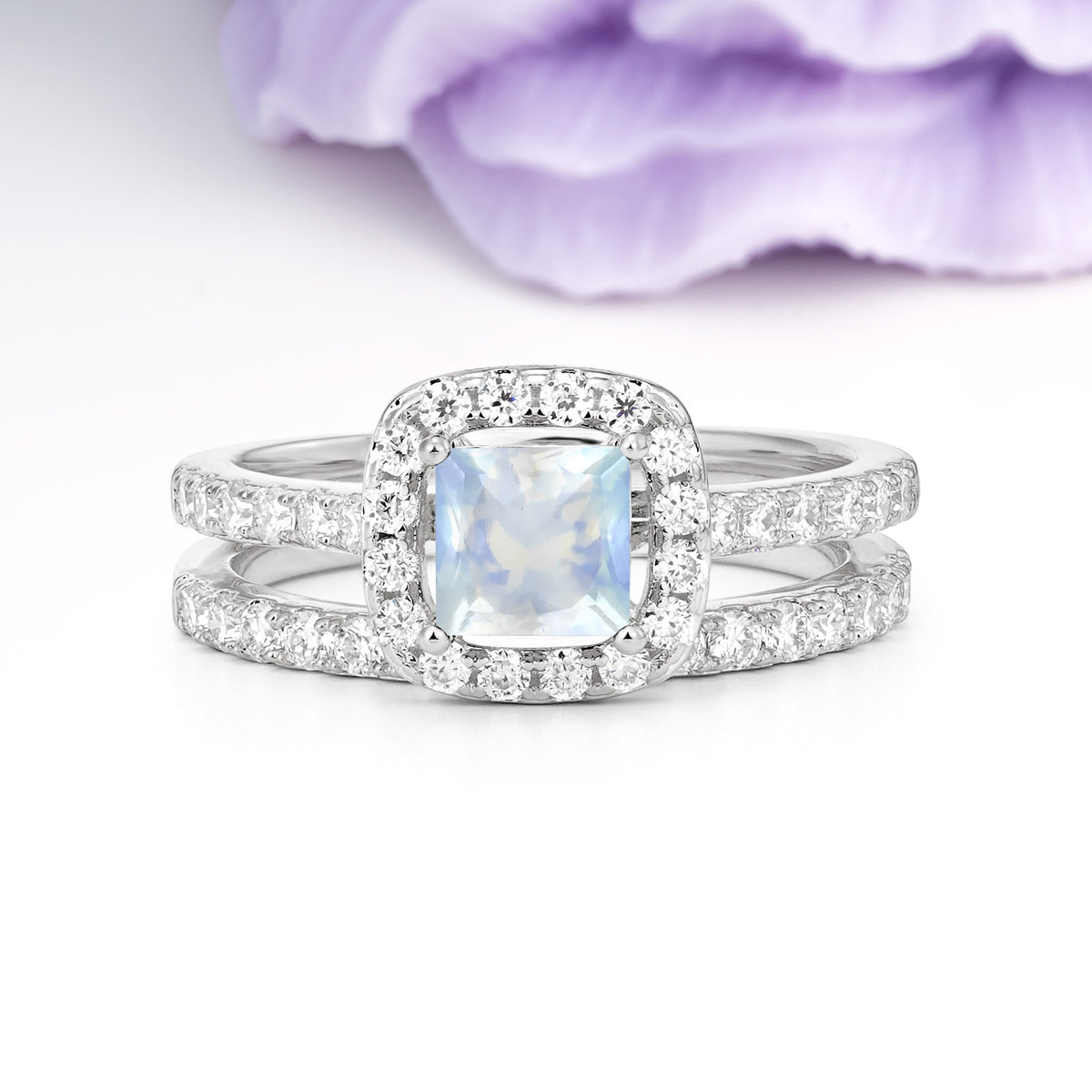 Classic Channel-Set, Luxurious 4-Prong Princess-Cut Moonstone Bridal Ring Set - Additional view