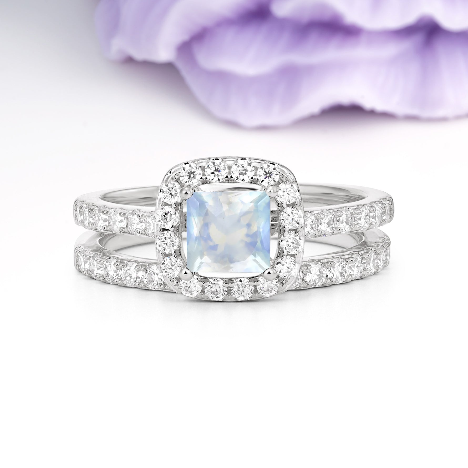 Classic Channel-Set, Luxurious 4-Prong Princess-Cut Moonstone Bridal Ring Set - Additional view