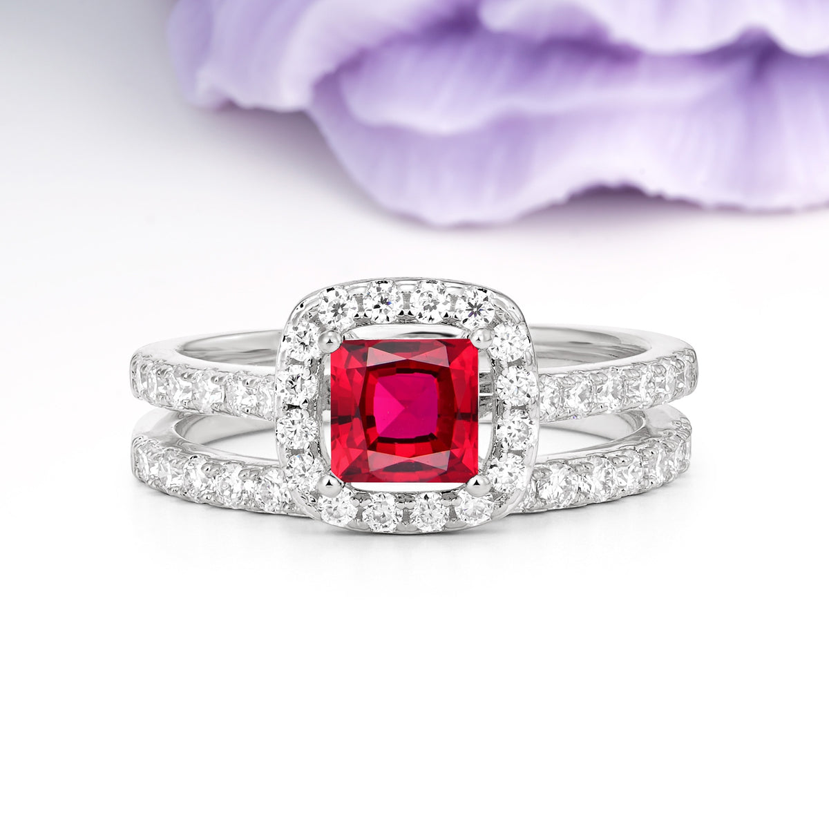 Classic Channel-Set, Luxurious 4-Prong Princess-Cut Ruby Bridal Ring Set - Additional view