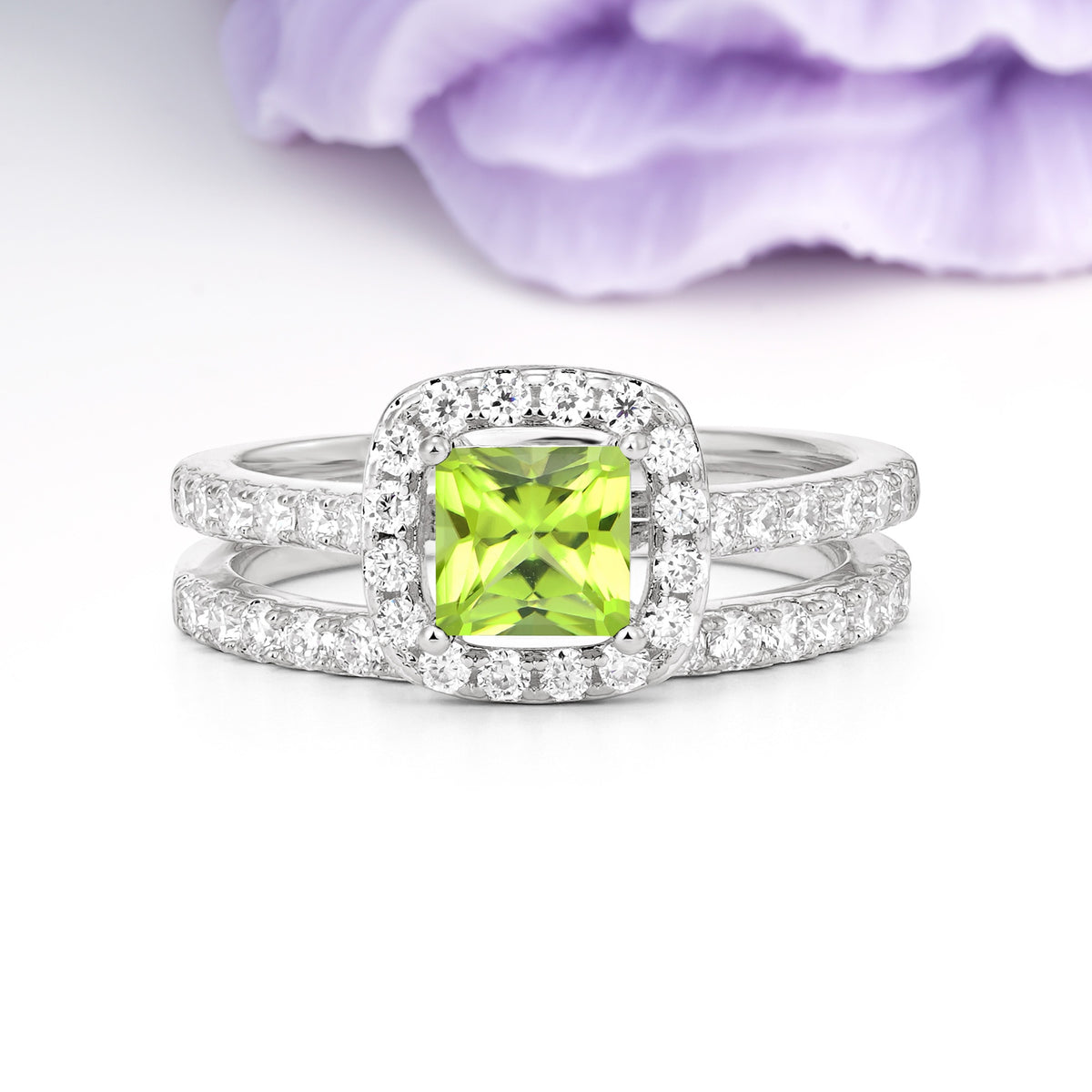 Classic Channel-Set, Luxurious 4-Prong Princess-Cut Peridot Bridal Ring Set - Additional view