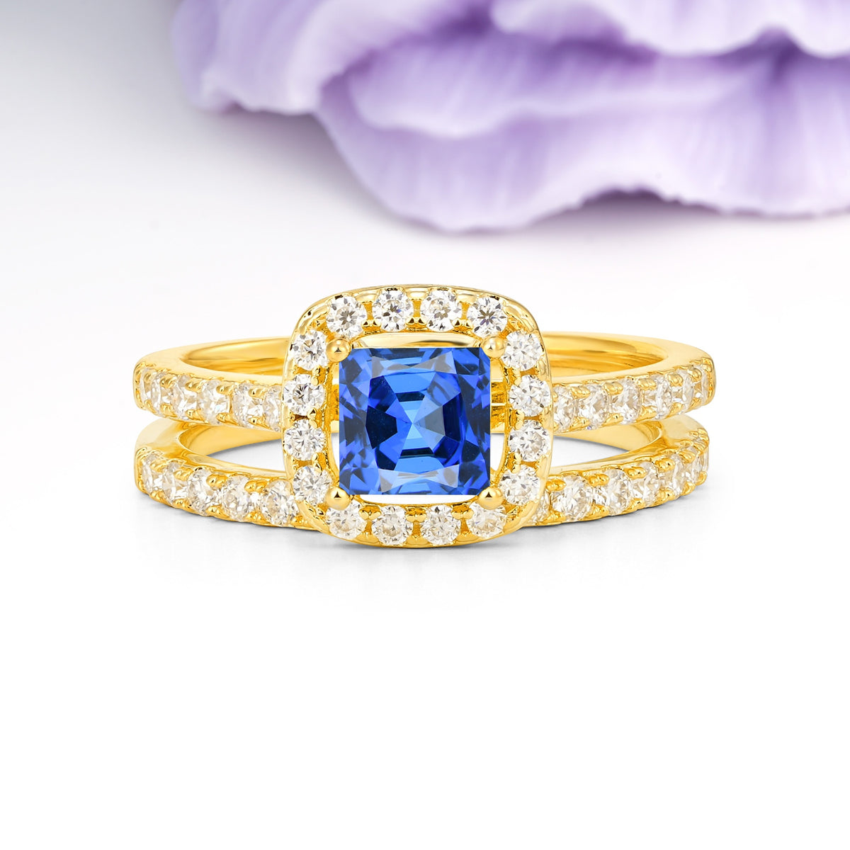 Classic Channel-Set, Luxurious 4-Prong Princess-Cut Sapphire Bridal Ring Set - Additional view