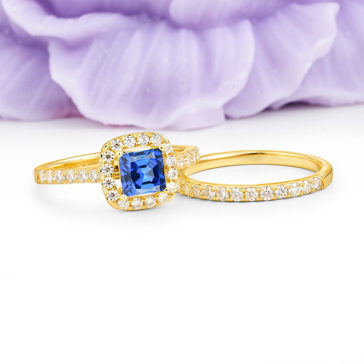 Classic Channel-Set, Luxurious 4-Prong Princess-Cut Sapphire Bridal Ring Set - Additional view