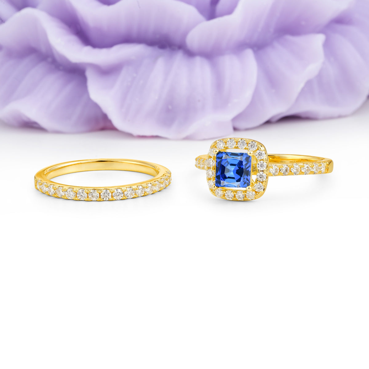 Classic Channel-Set, Luxurious 4-Prong Princess-Cut Sapphire Bridal Ring Set - Additional view