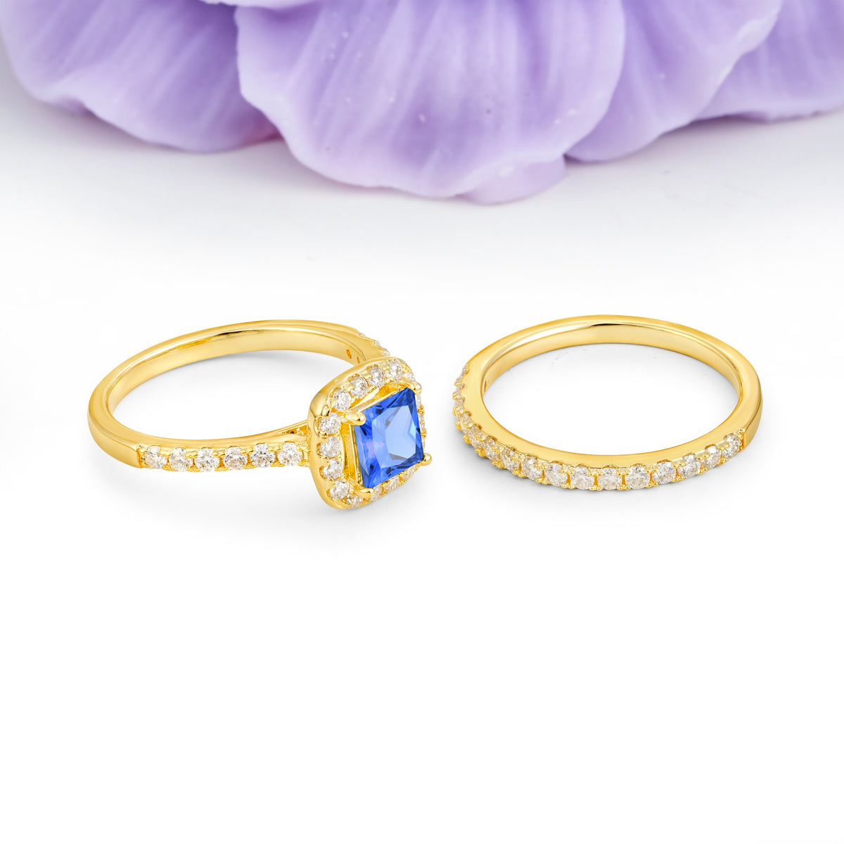 Classic Channel-Set, Luxurious 4-Prong Princess-Cut Sapphire Bridal Ring Set - Additional view