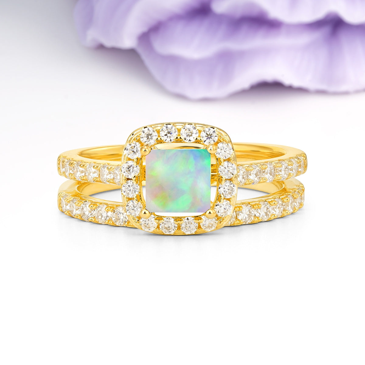 Classic Channel-Set, Luxurious 4-Prong Princess-Cut Fire Opal Bridal Ring Set - Additional view