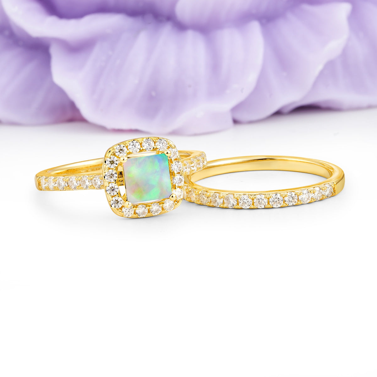 Classic Channel-Set, Luxurious 4-Prong Princess-Cut Fire Opal Bridal Ring Set - Additional view