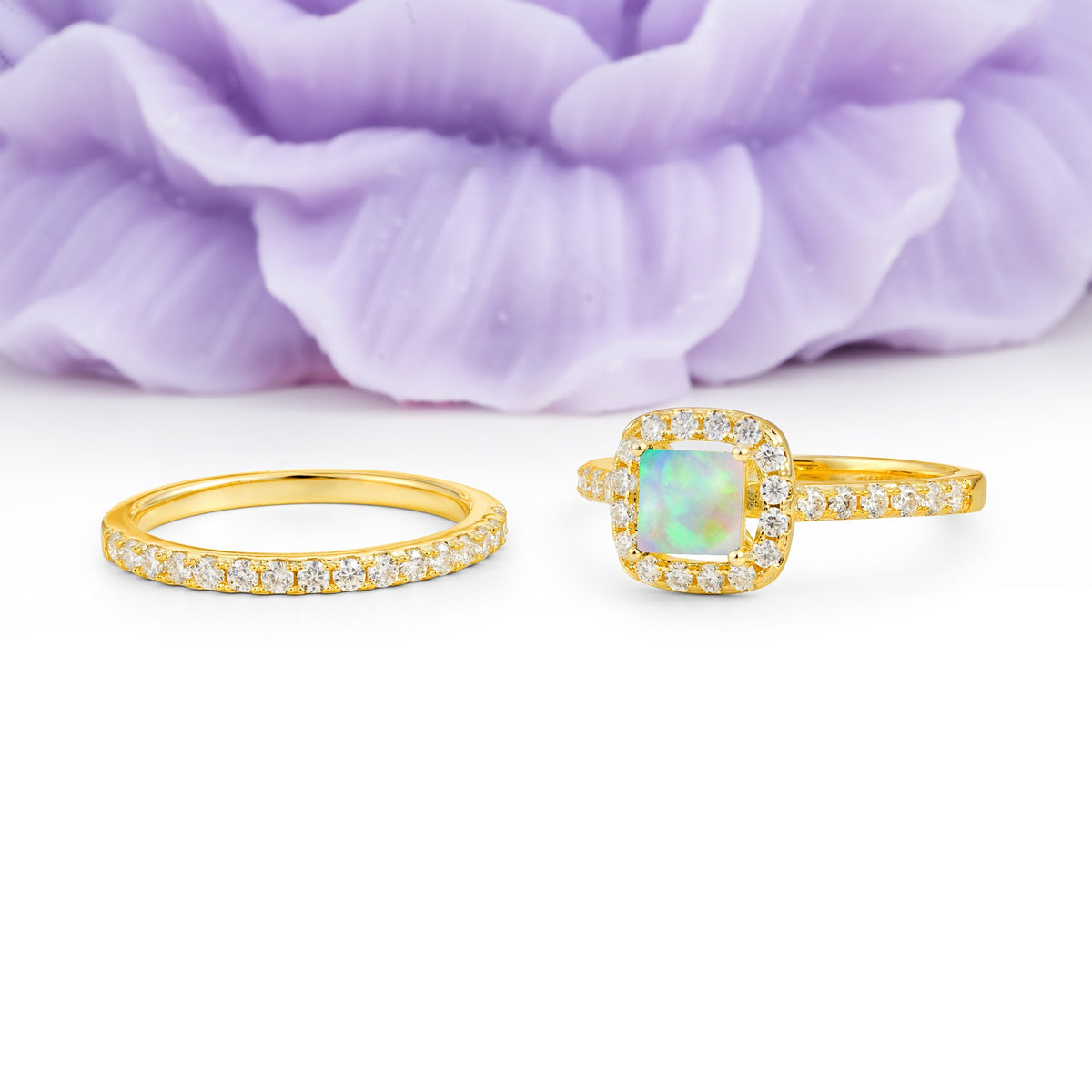 Classic Channel-Set, Luxurious 4-Prong Princess-Cut Fire Opal Bridal Ring Set - Additional view