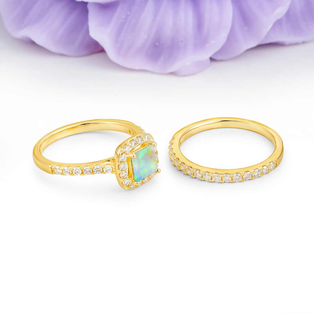 Classic Channel-Set, Luxurious 4-Prong Princess-Cut Fire Opal Bridal Ring Set - Additional view