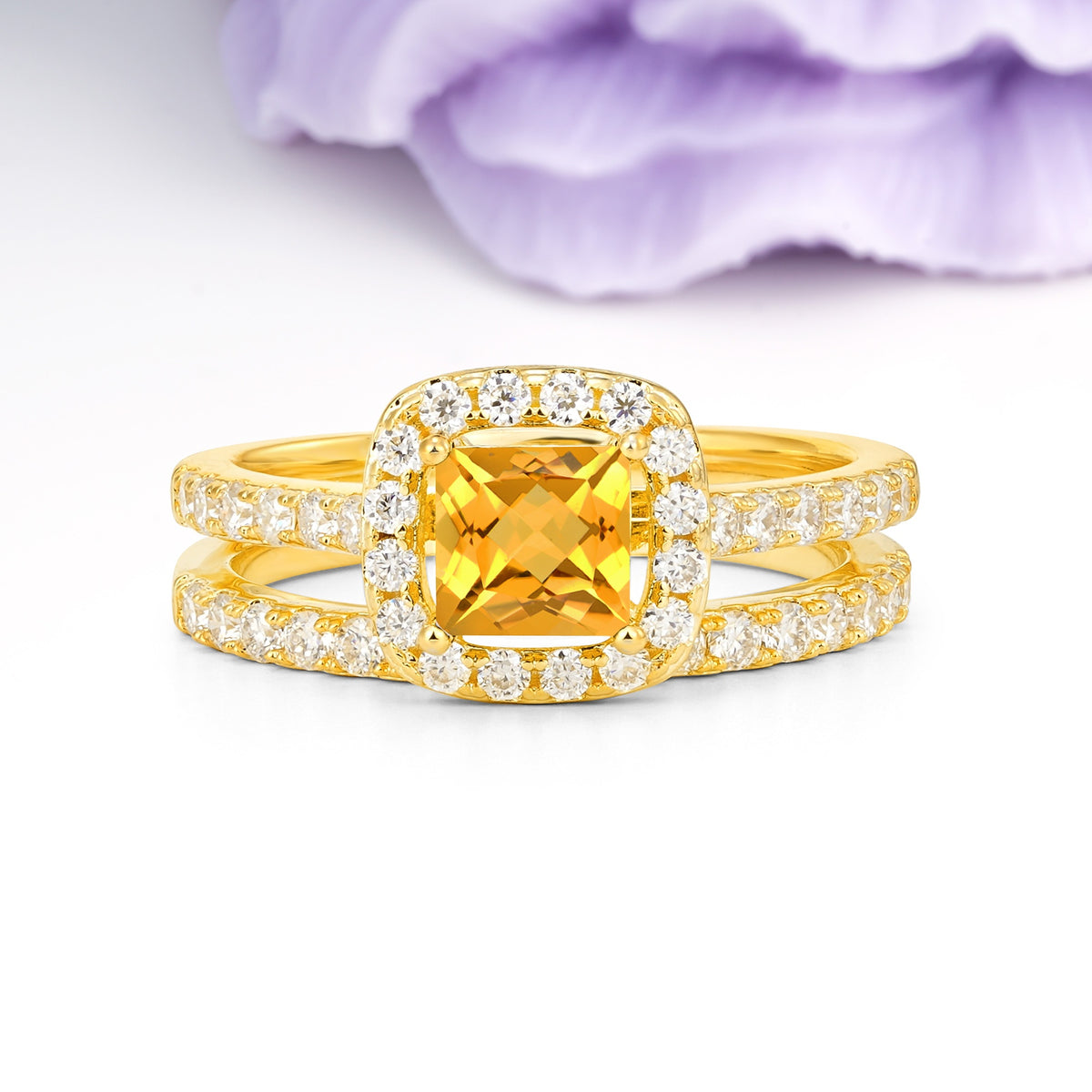 Classic Channel-Set, Luxurious 4-Prong Princess-Cut Citrine Bridal Ring Set - Additional view