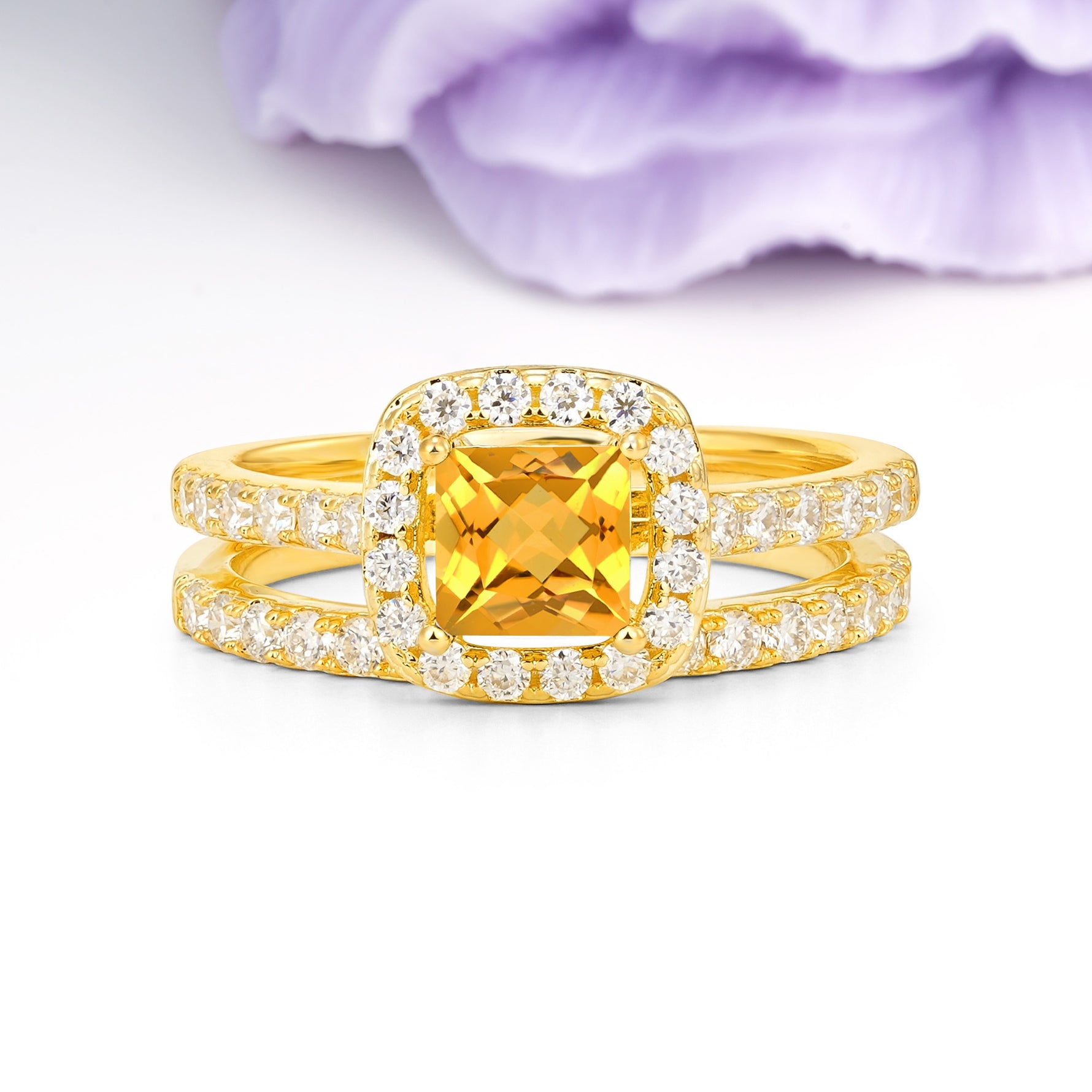 Classic Channel-Set, Luxurious 4-Prong Princess-Cut Citrine Bridal Ring Set - Additional view