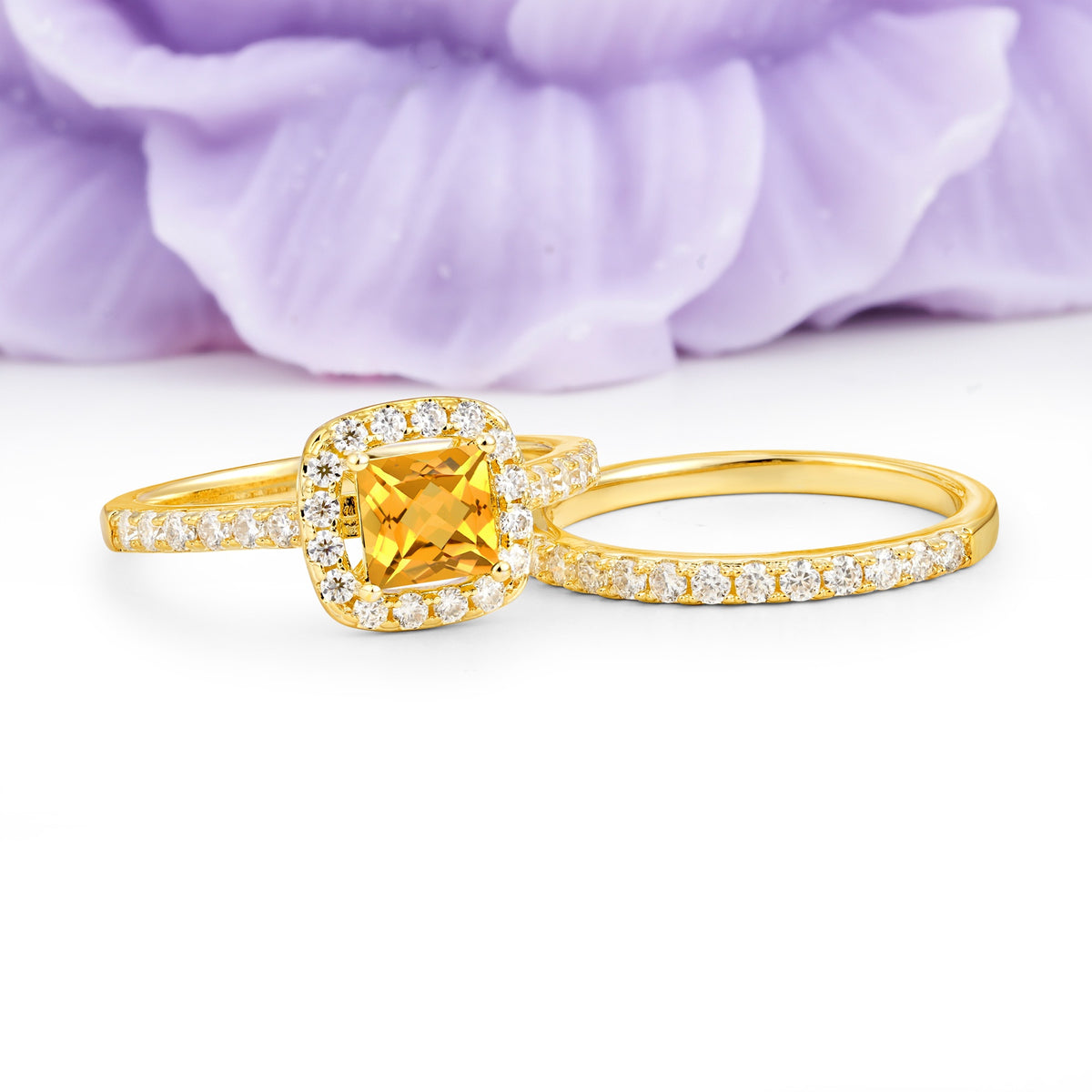 Classic Channel-Set, Luxurious 4-Prong Princess-Cut Citrine Bridal Ring Set - Additional view