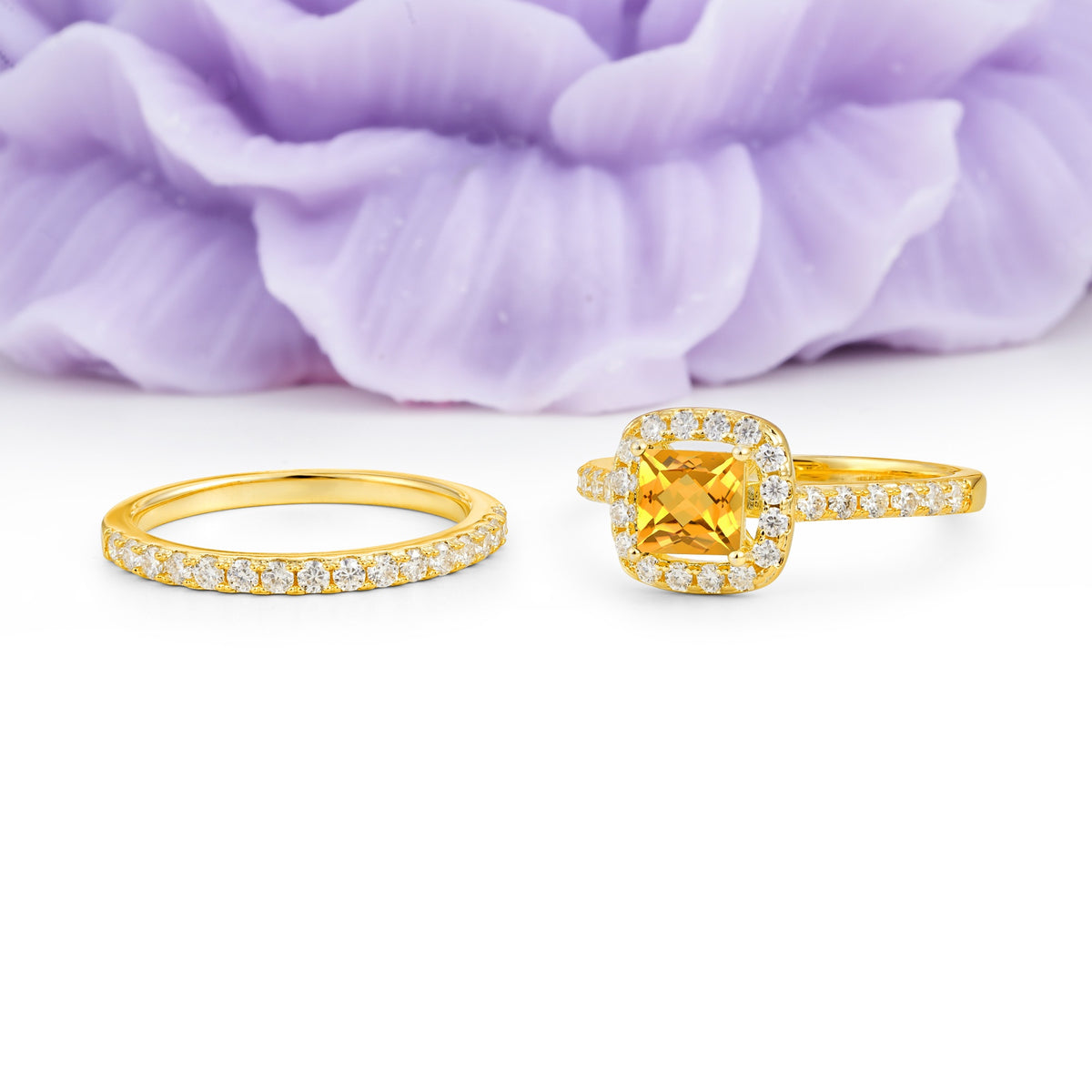 Classic Channel-Set, Luxurious 4-Prong Princess-Cut Citrine Bridal Ring Set - Additional view