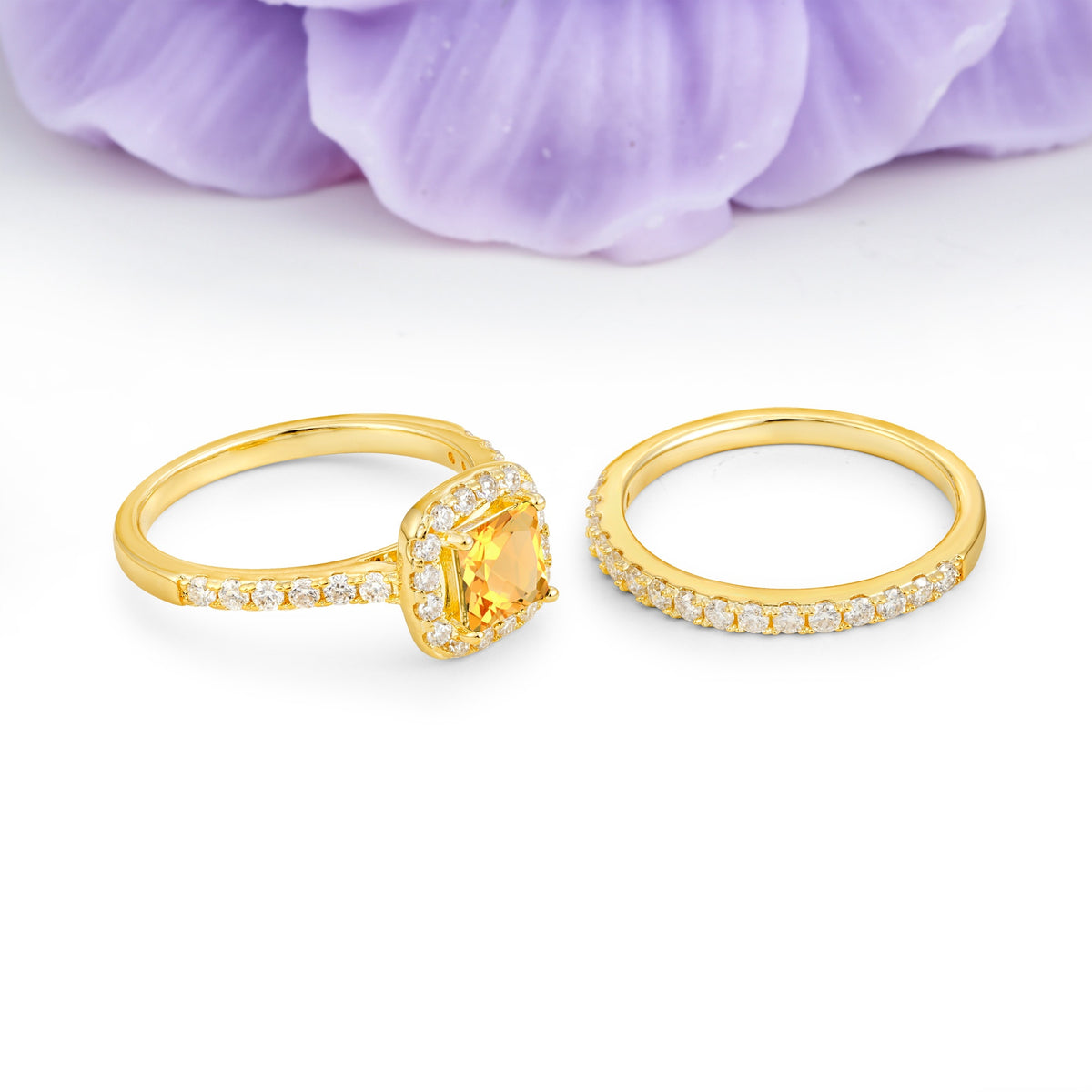 Classic Channel-Set, Luxurious 4-Prong Princess-Cut Citrine Bridal Ring Set - Additional view