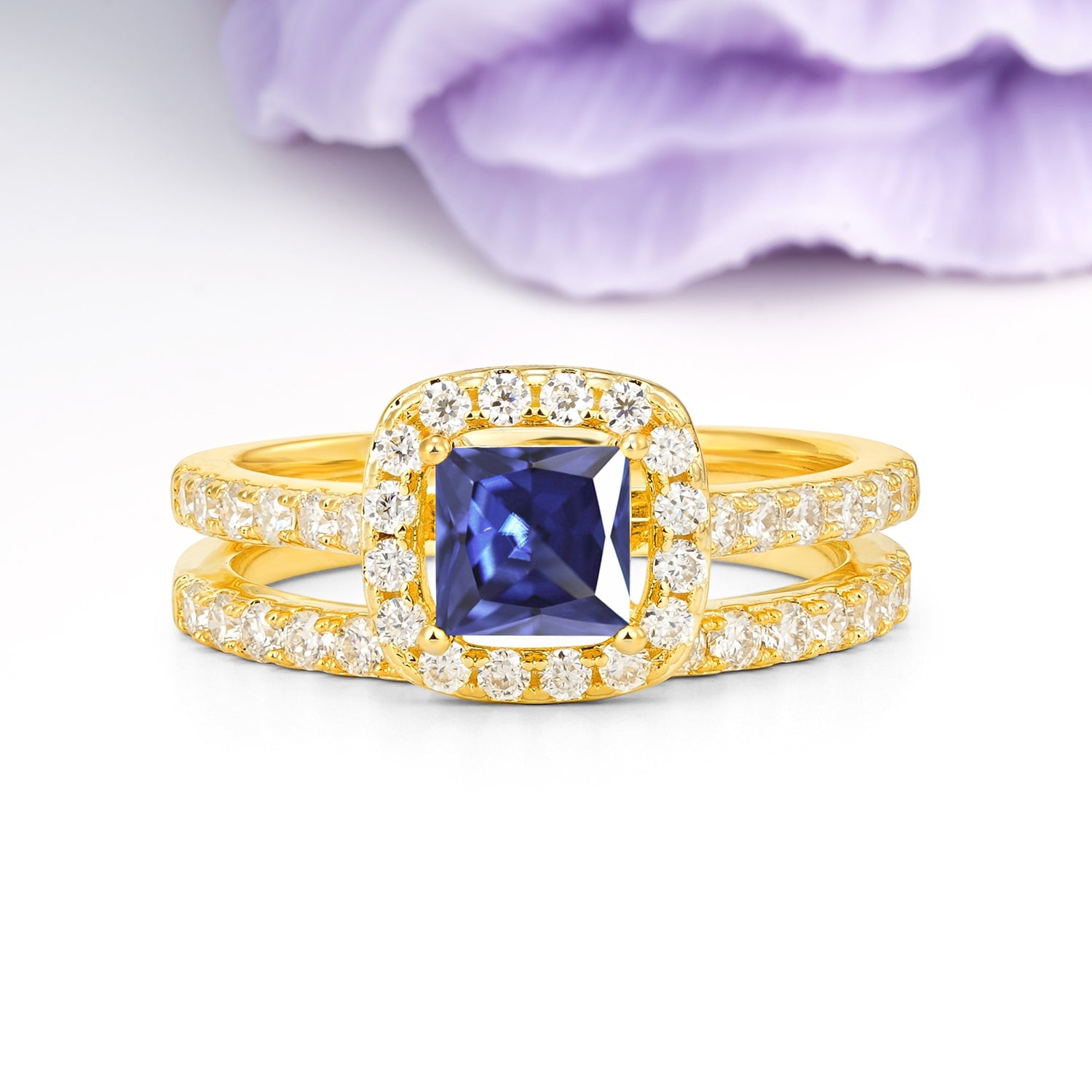 Classic Channel-Set, Luxurious 4-Prong Princess-Cut Tanzanite Bridal Ring Set - Additional view