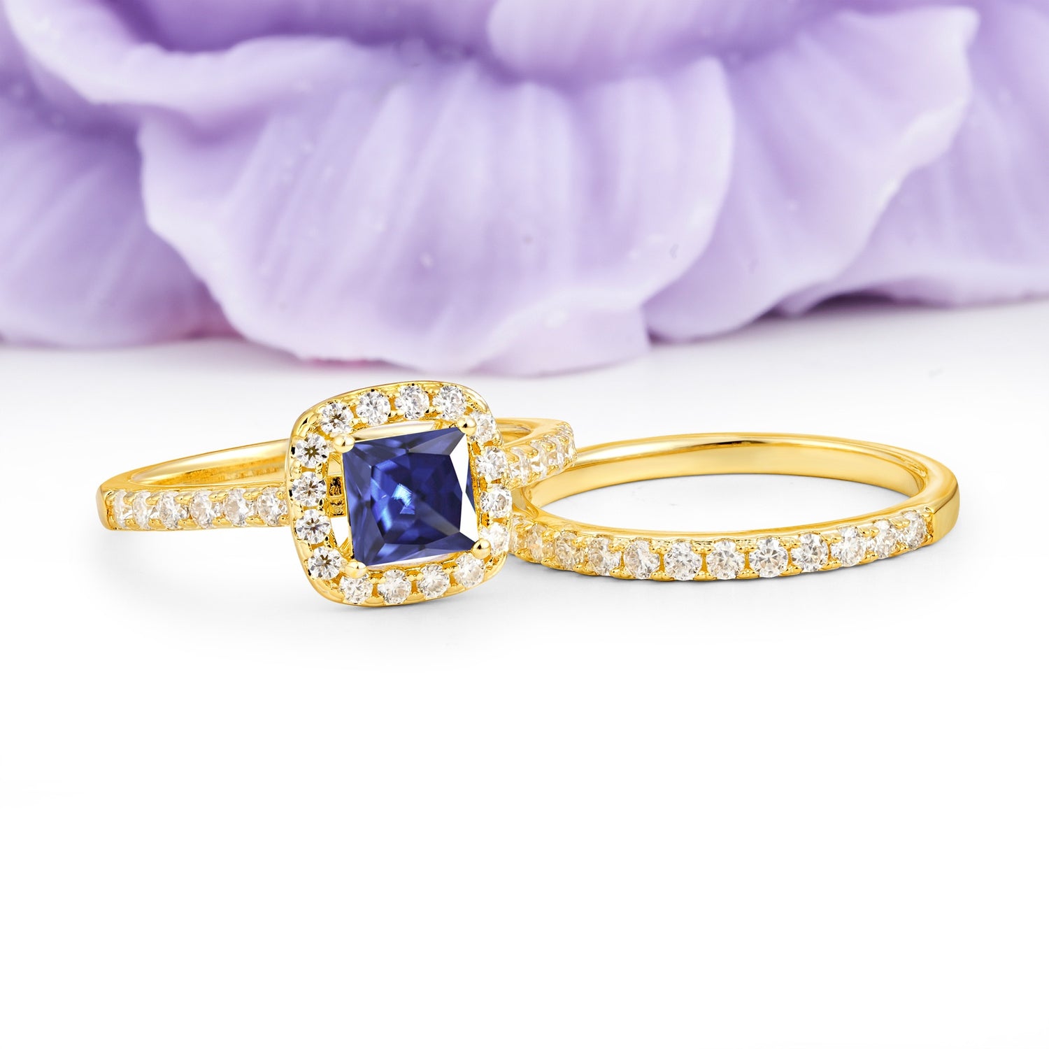 Classic Channel-Set, Luxurious 4-Prong Princess-Cut Tanzanite Bridal Ring Set - Additional view