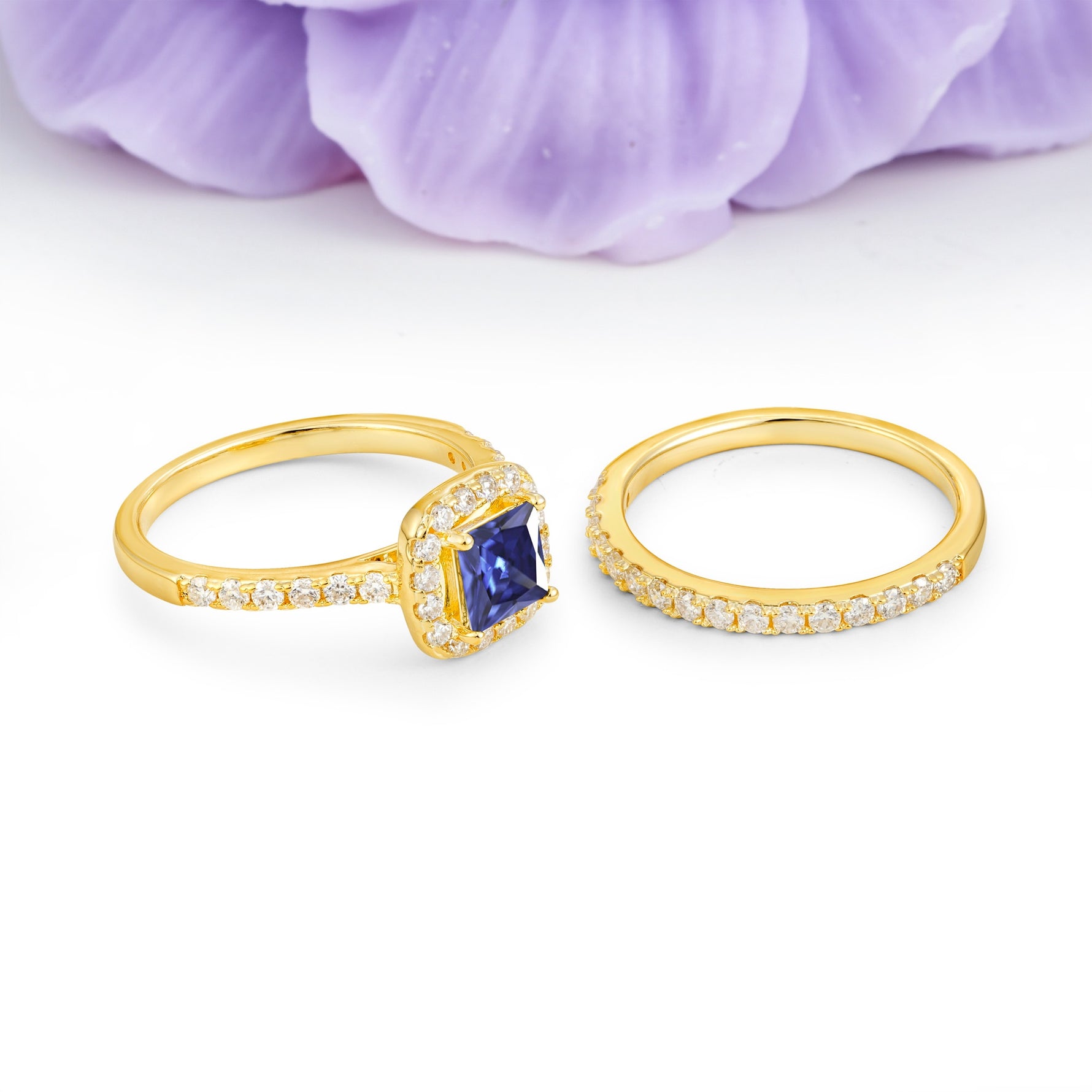 Classic Channel-Set, Luxurious 4-Prong Princess-Cut Tanzanite Bridal Ring Set - Additional view