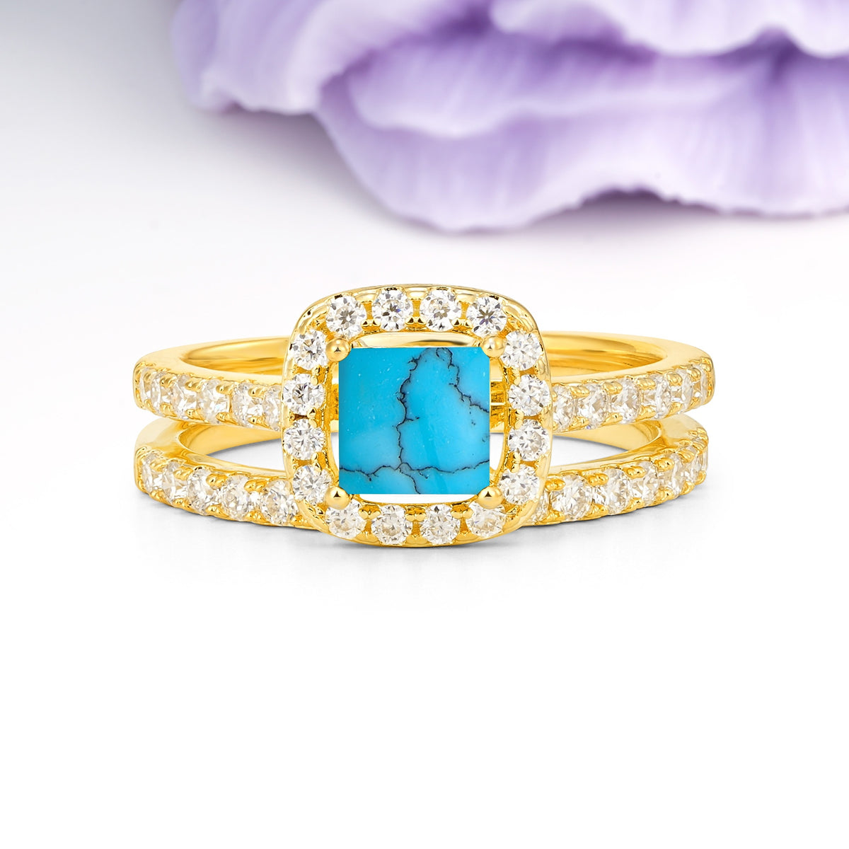 Classic Channel-Set, Luxurious 4-Prong Princess-Cut Turquoise Bridal Ring Set - Additional view