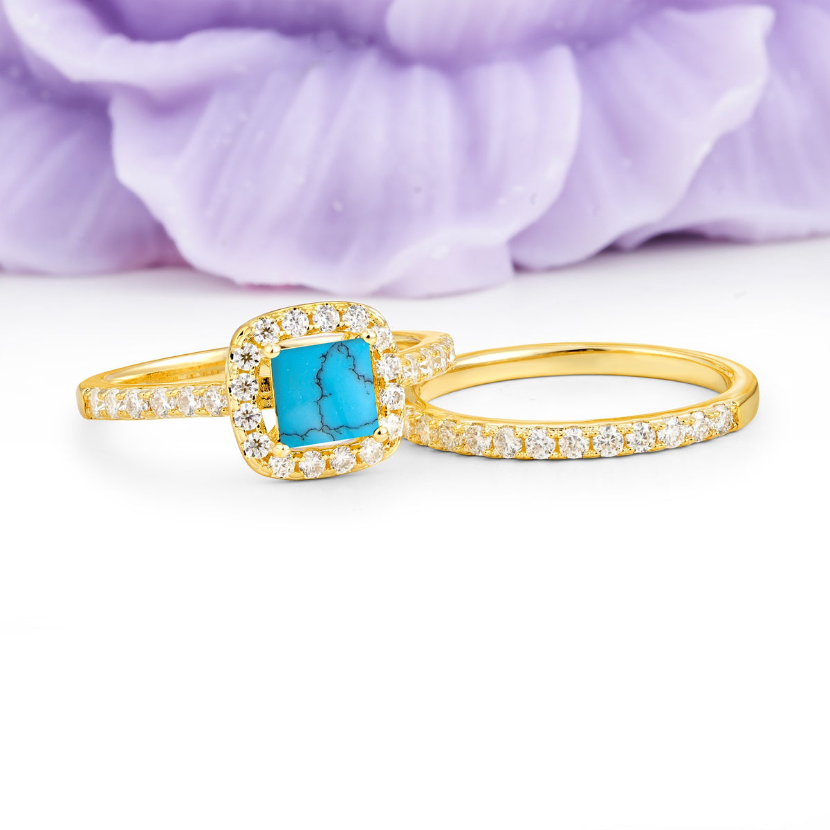 Classic Channel-Set, Luxurious 4-Prong Princess-Cut Turquoise Bridal Ring Set - Additional view