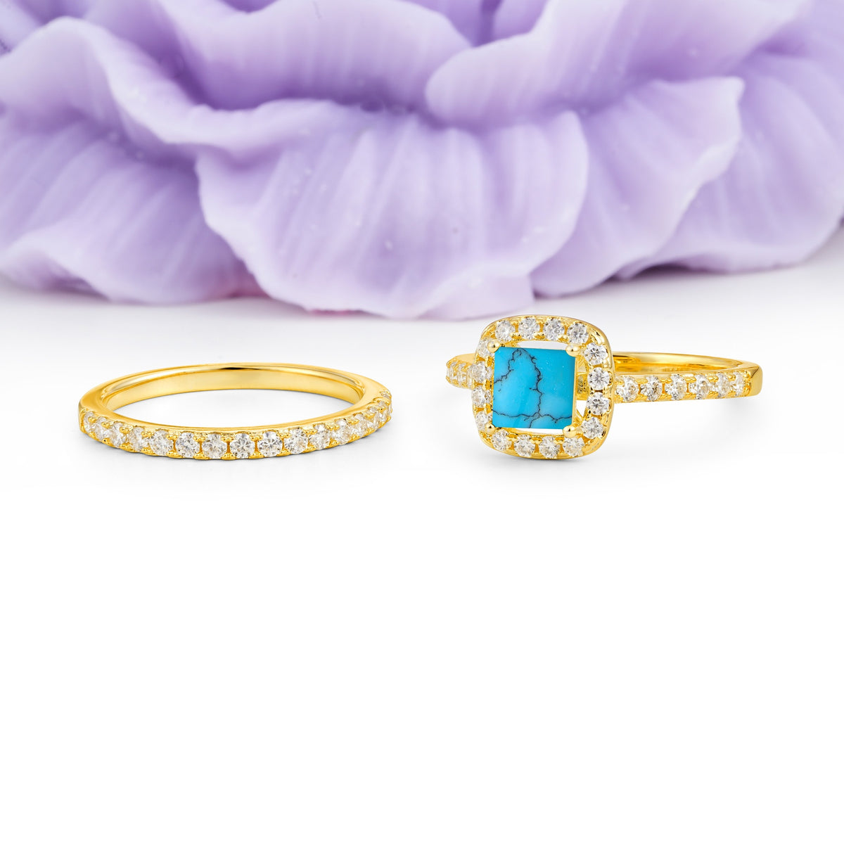 Classic Channel-Set, Luxurious 4-Prong Princess-Cut Turquoise Bridal Ring Set - Additional view
