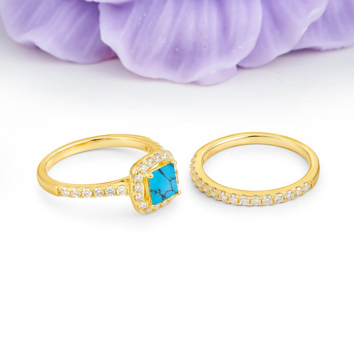Classic Channel-Set, Luxurious 4-Prong Princess-Cut Turquoise Bridal Ring Set - Additional view