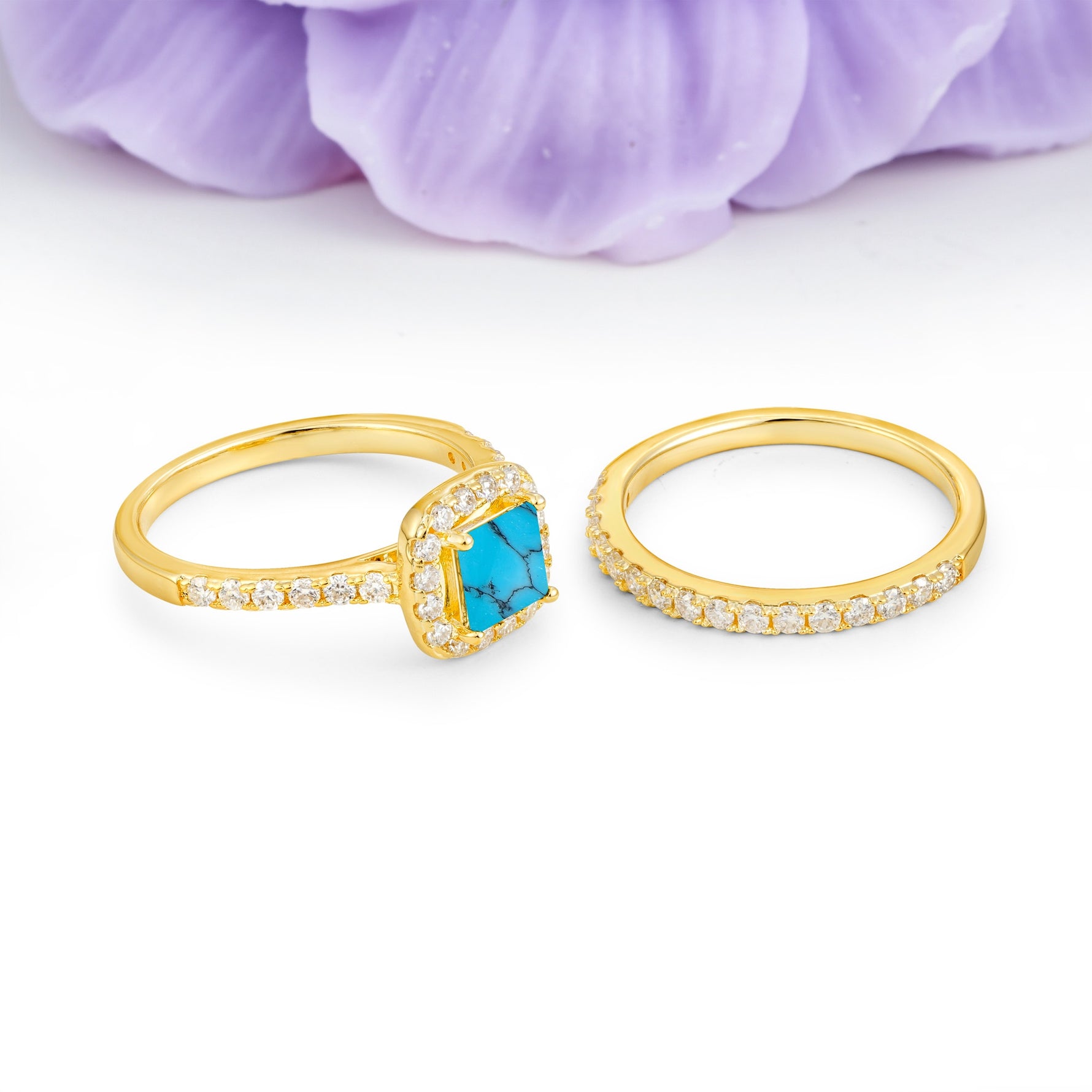 Classic Channel-Set, Luxurious 4-Prong Princess-Cut Turquoise Bridal Ring Set - Additional view