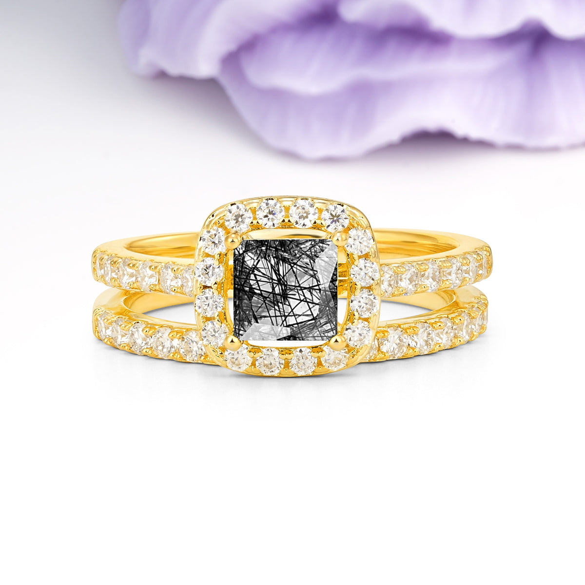 Classic Channel-Set, Luxurious 4-Prong Princess-Cut Black Rutilated Quartz Bridal Ring Set - Additional view