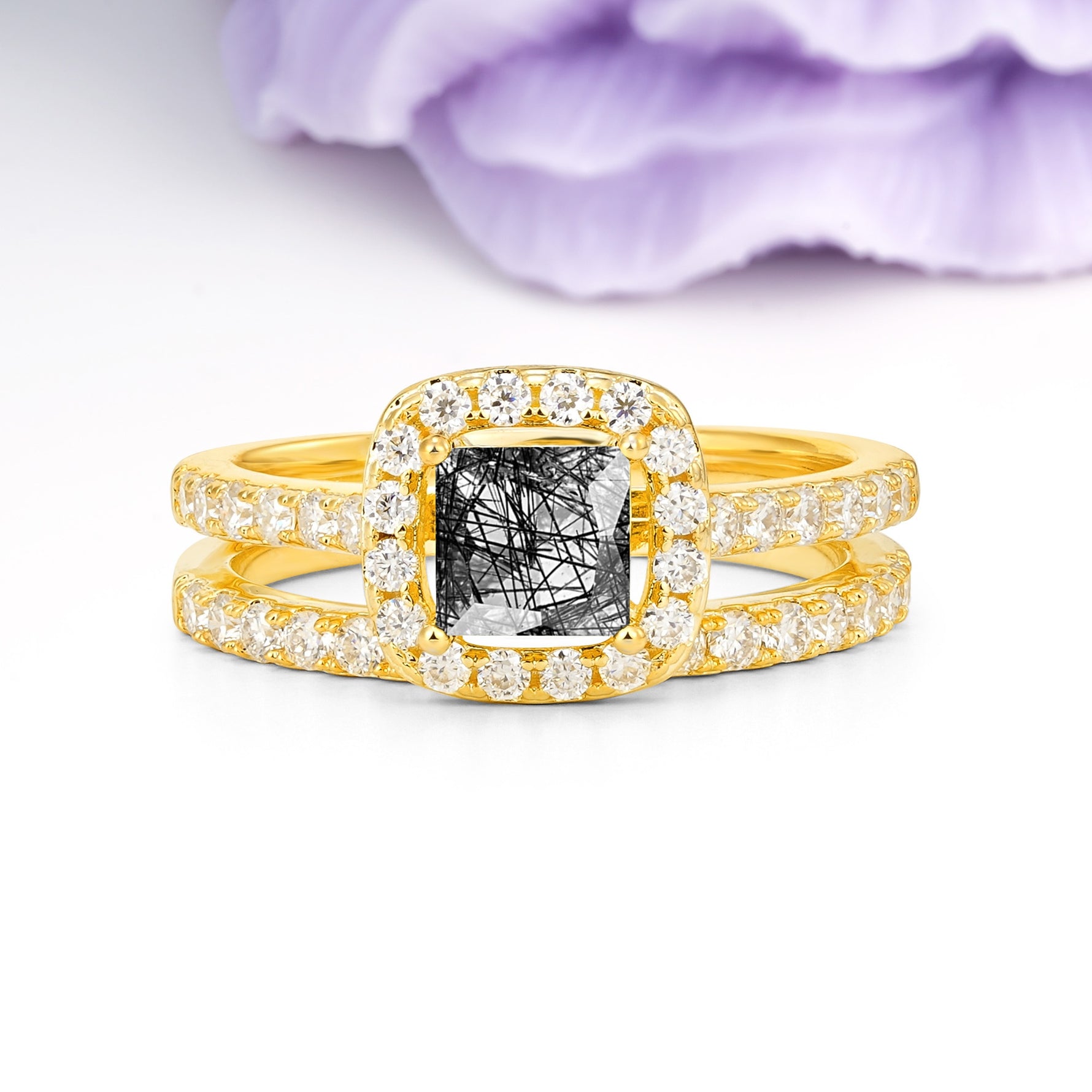 Classic Channel-Set, Luxurious 4-Prong Princess-Cut Black Rutilated Quartz Bridal Ring Set - Additional view