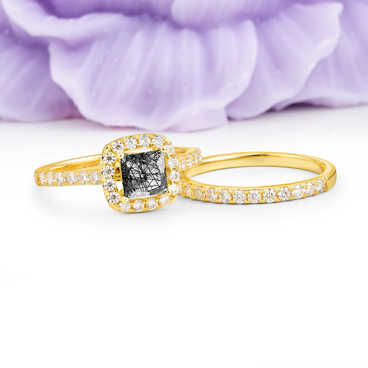 Classic Channel-Set, Luxurious 4-Prong Princess-Cut Black Rutilated Quartz Bridal Ring Set - Additional view