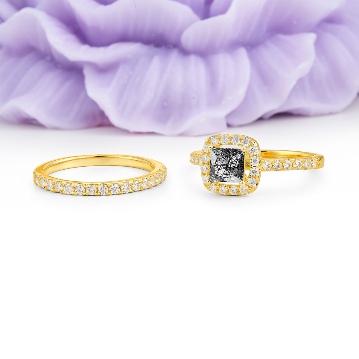 Classic Channel-Set, Luxurious 4-Prong Princess-Cut Black Rutilated Quartz Bridal Ring Set - Additional view