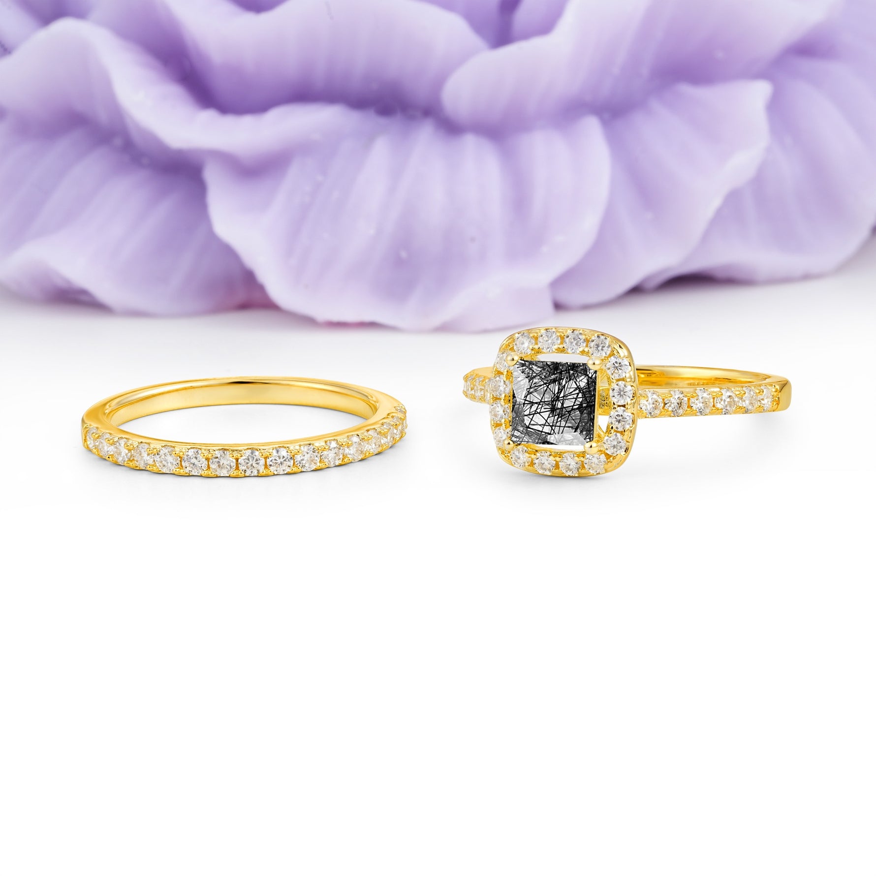 Classic Channel-Set, Luxurious 4-Prong Princess-Cut Black Rutilated Quartz Bridal Ring Set - Additional view
