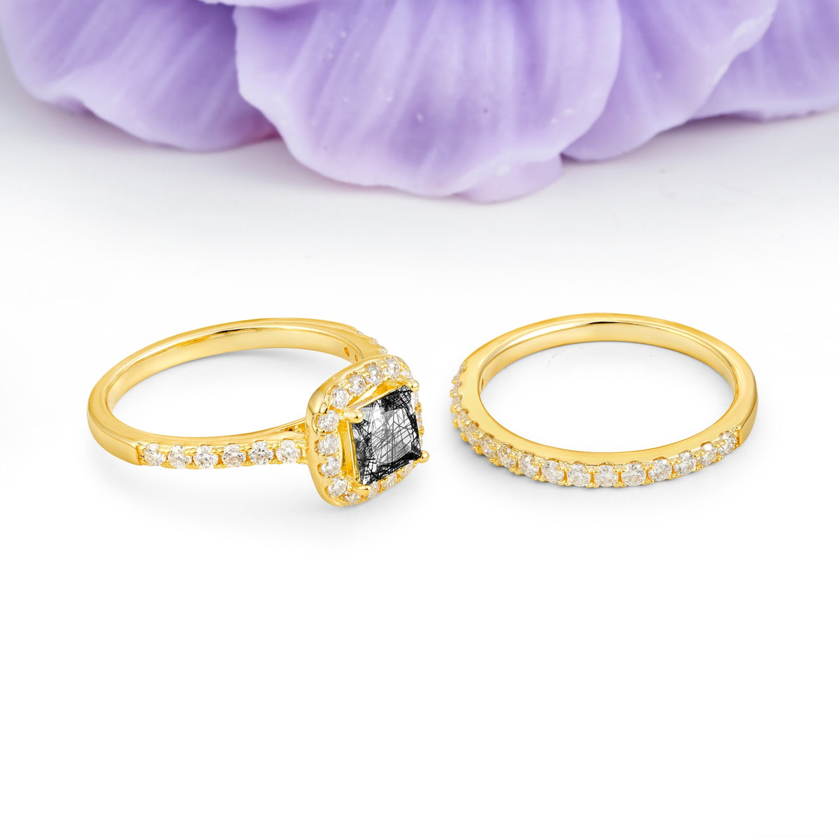 Classic Channel-Set, Luxurious 4-Prong Princess-Cut Black Rutilated Quartz Bridal Ring Set - Additional view