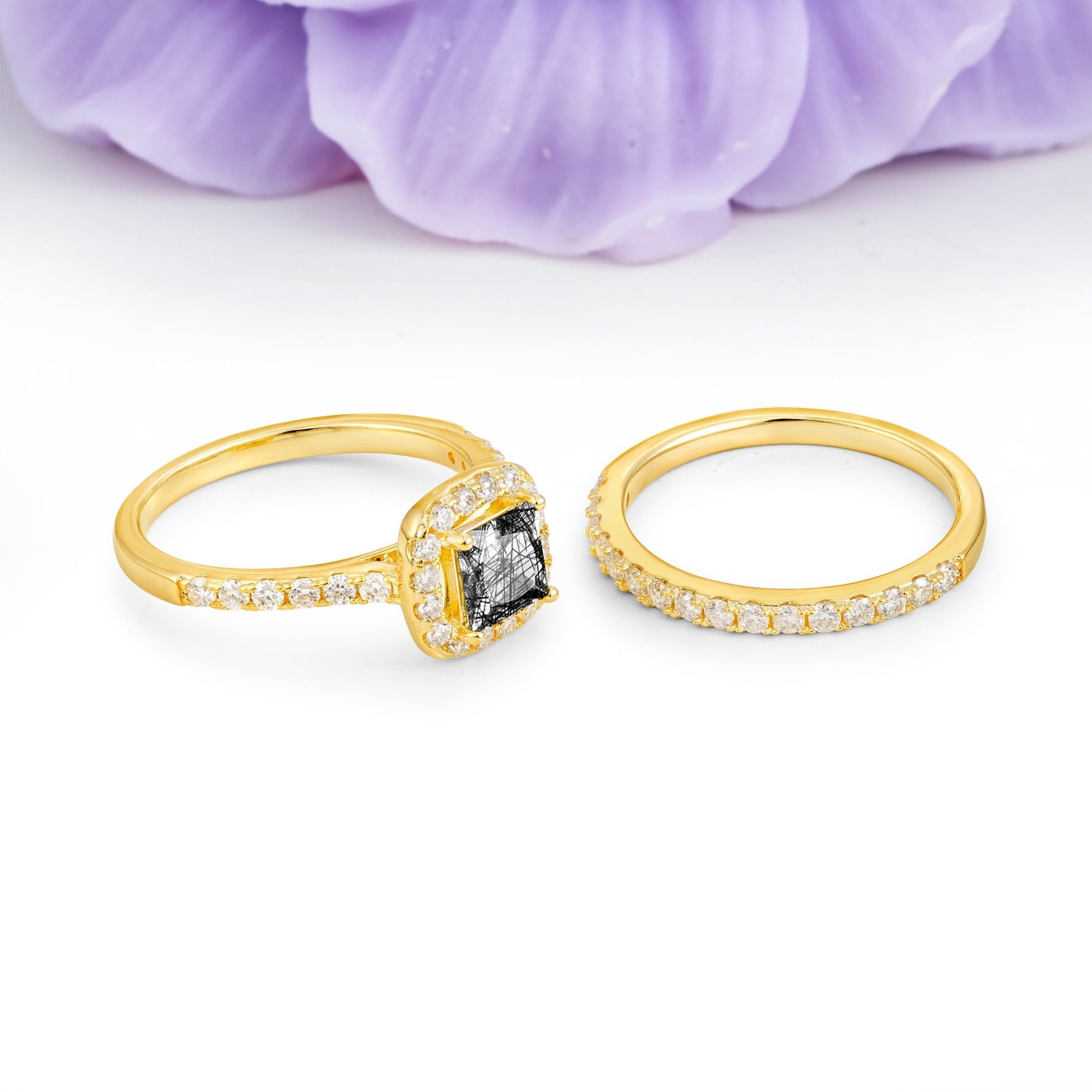 Classic Channel-Set, Luxurious 4-Prong Princess-Cut Black Rutilated Quartz Bridal Ring Set - Additional view