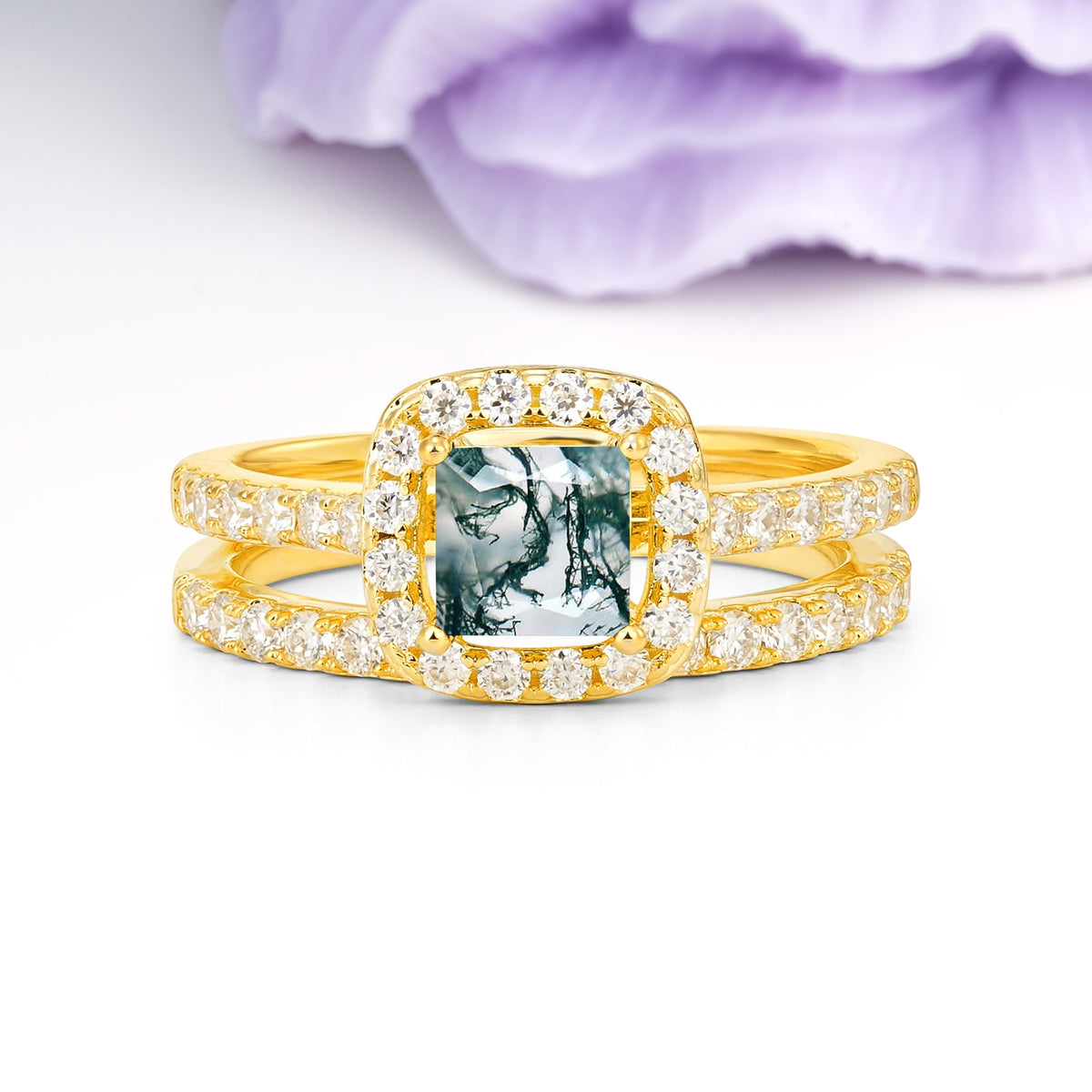 Classic Channel-Set, Luxurious 4-Prong Princess-Cut Moss Agate Bridal Ring Set - Additional view
