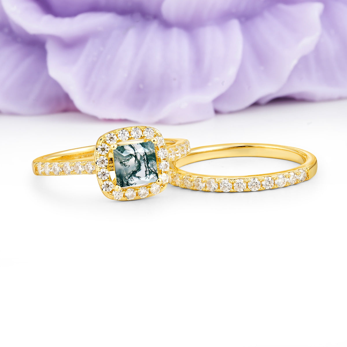Classic Channel-Set, Luxurious 4-Prong Princess-Cut Moss Agate Bridal Ring Set - Additional view