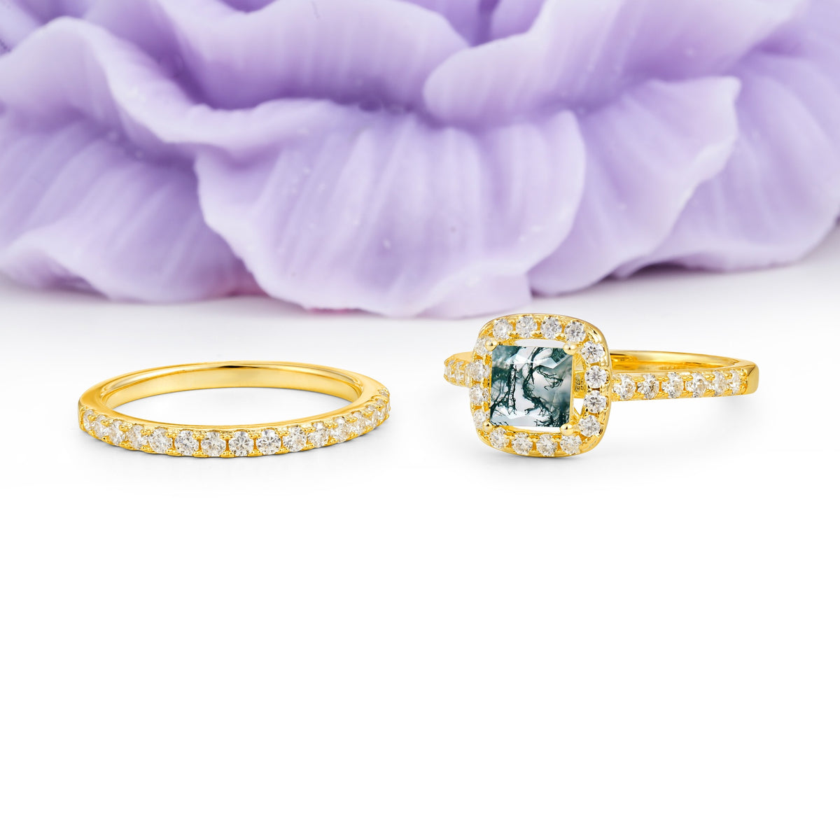 Classic Channel-Set, Luxurious 4-Prong Princess-Cut Moss Agate Bridal Ring Set - Additional view
