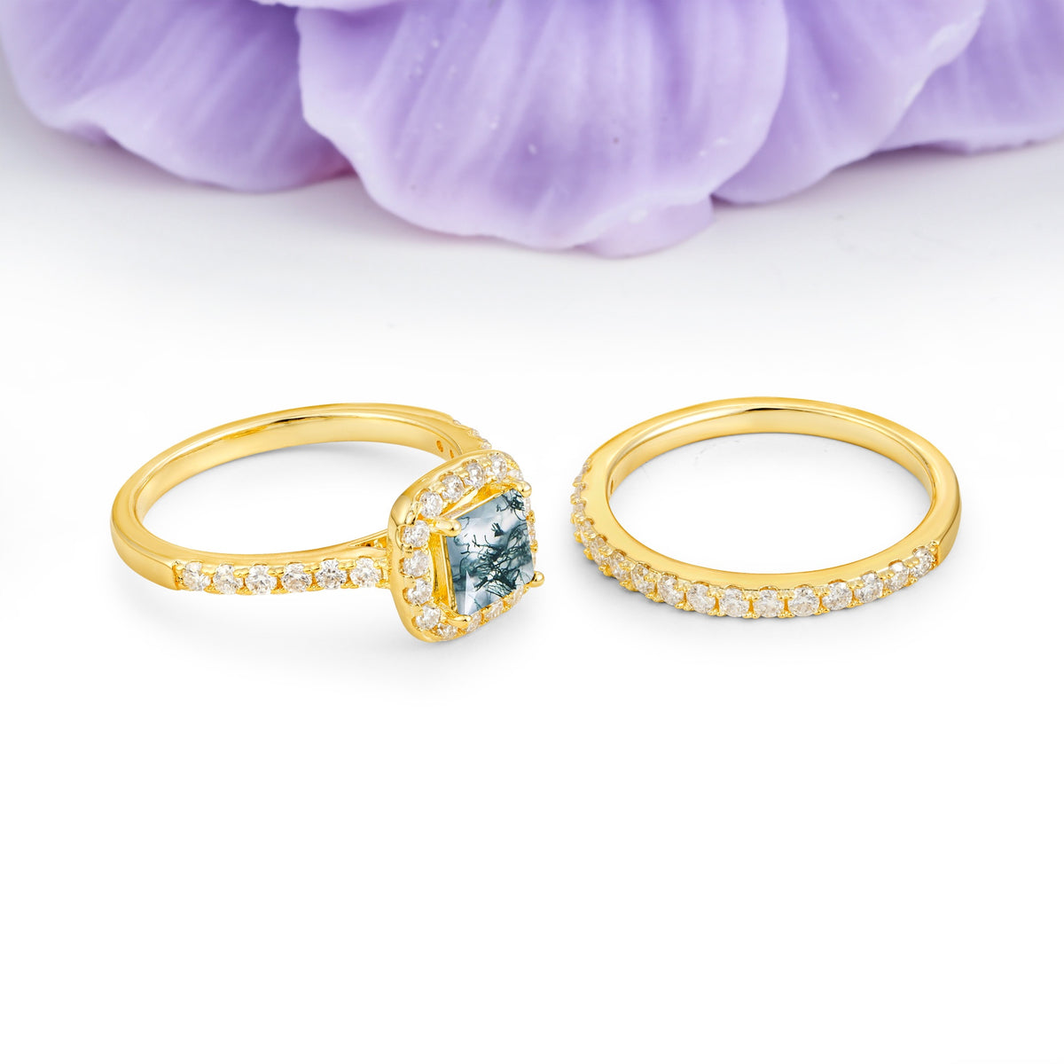 Classic Channel-Set, Luxurious 4-Prong Princess-Cut Moss Agate Bridal Ring Set - Additional view