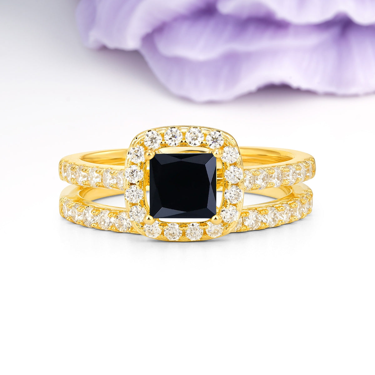 Classic Channel-Set, Luxurious 4-Prong Princess-Cut Black Onyx Bridal Ring Set - Additional view