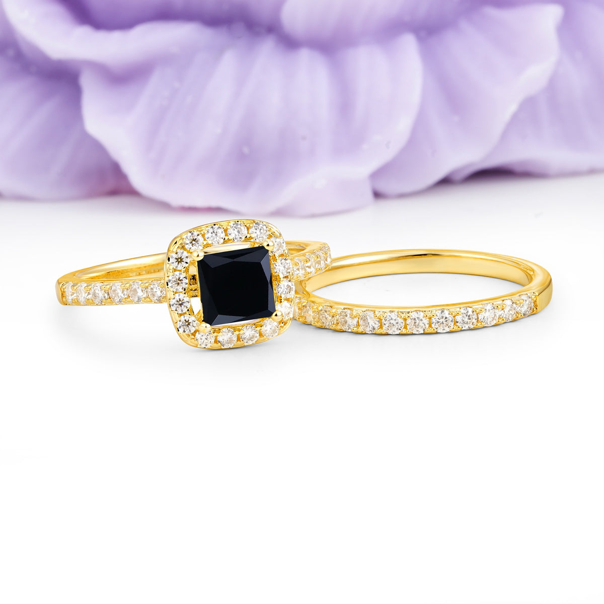 Classic Channel-Set, Luxurious 4-Prong Princess-Cut Black Onyx Bridal Ring Set - Additional view