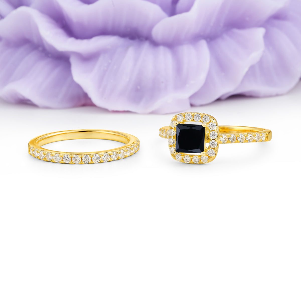 Classic Channel-Set, Luxurious 4-Prong Princess-Cut Black Onyx Bridal Ring Set - Additional view