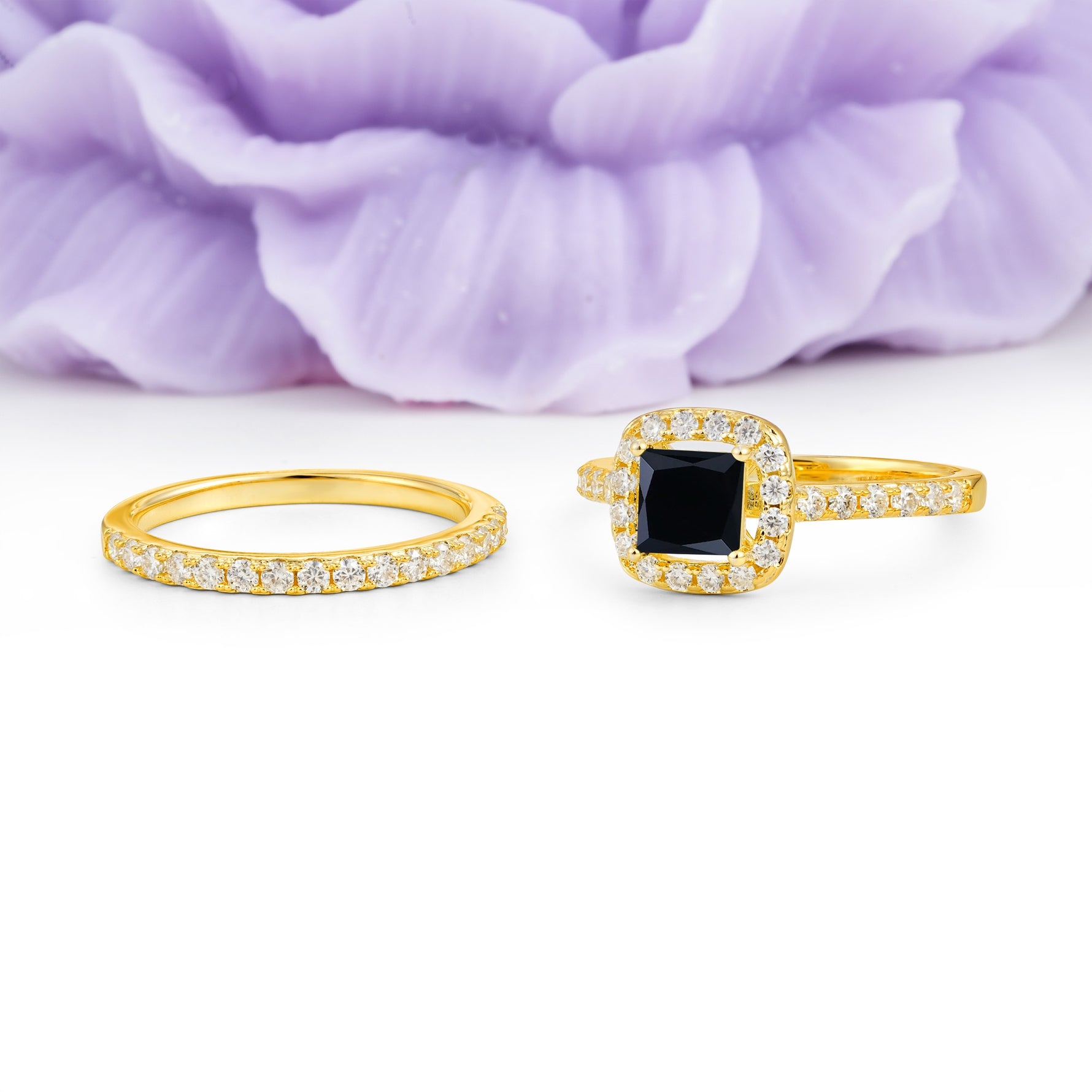 Classic Channel-Set, Luxurious 4-Prong Princess-Cut Black Onyx Bridal Ring Set - Additional view